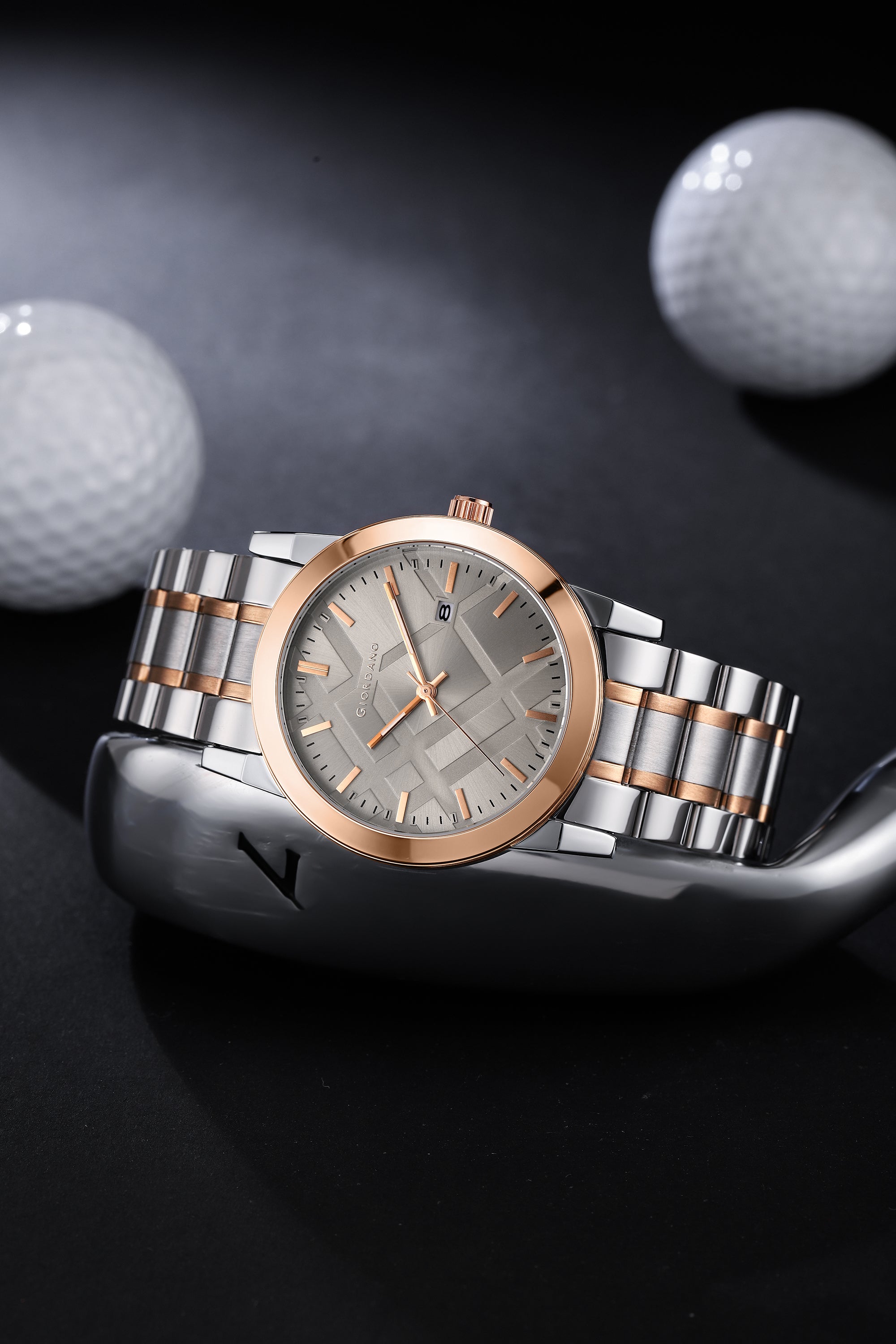 Giordano Analog Quartz Watch for Men with Grey Geometric Textured Round Dial, Luminous Hands Markers, Date Display, Faceted Bezel and Two-Tone Rose Gold & Silver Stainless Steel Strap - GZ-50193-11
