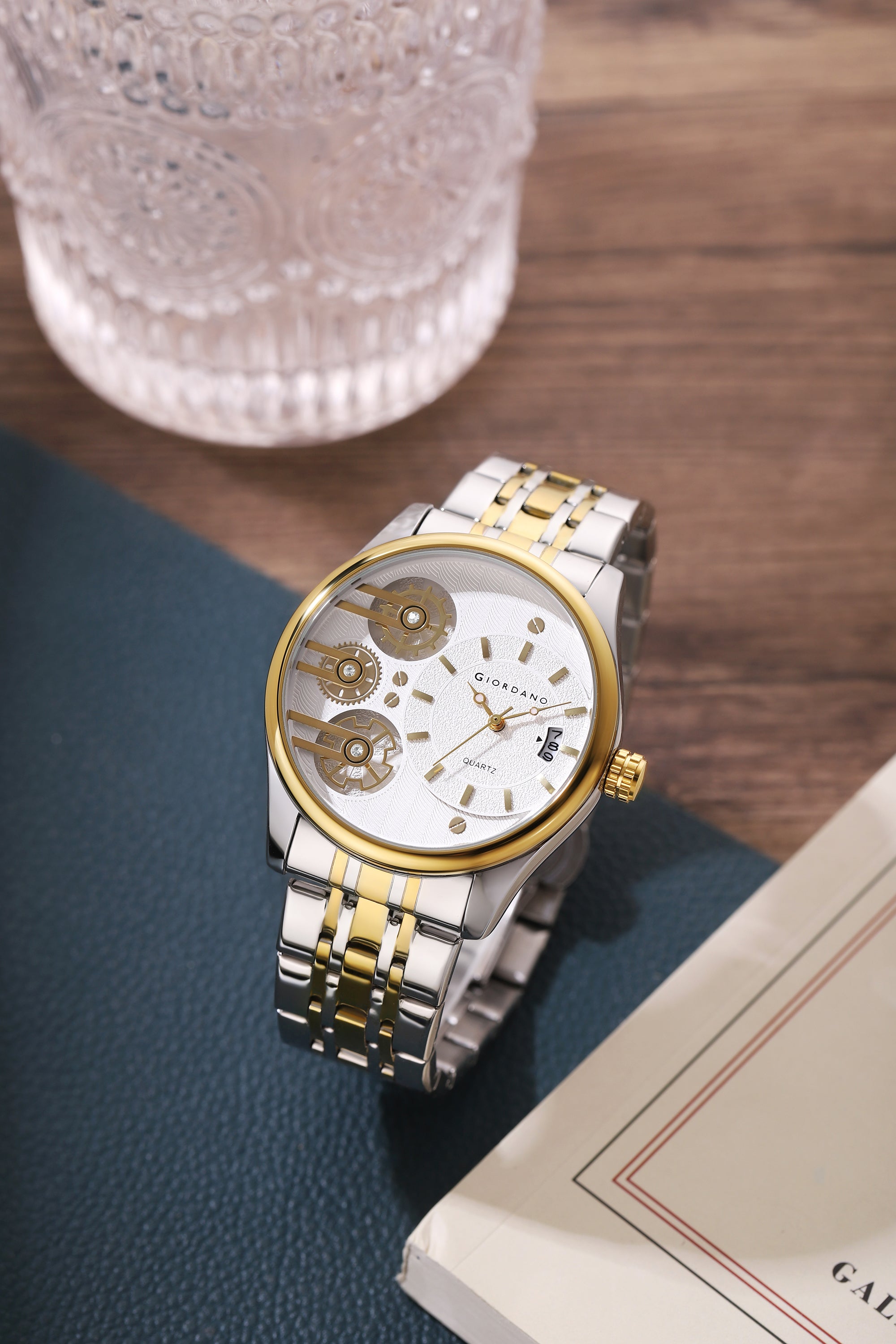 Giordano Analog Watch for Men with Round White Dial, Gear-Inspired Design, Date Display & Stainless Steel Strap GZ-50222-33