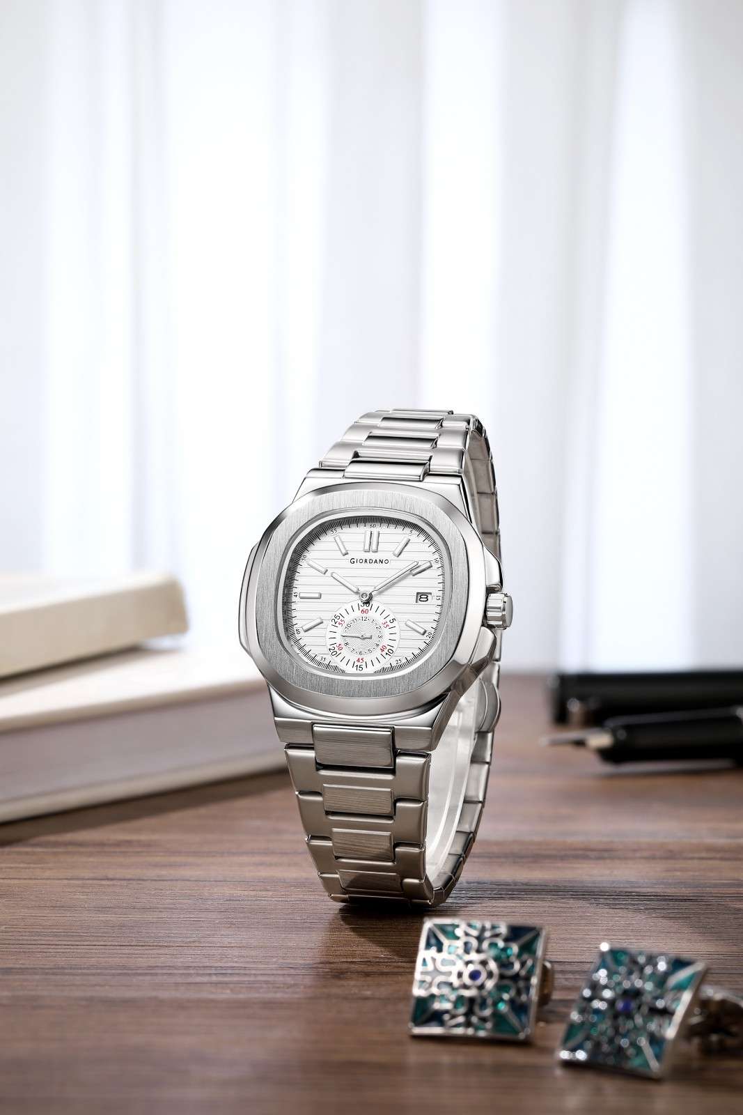 Giordano Analog Multifunction Watch for Men – Textured Dial with Cushion Case, Small Seconds Sub-Dial, Stainless Steel Strap & Date Display GZ-50160-22
