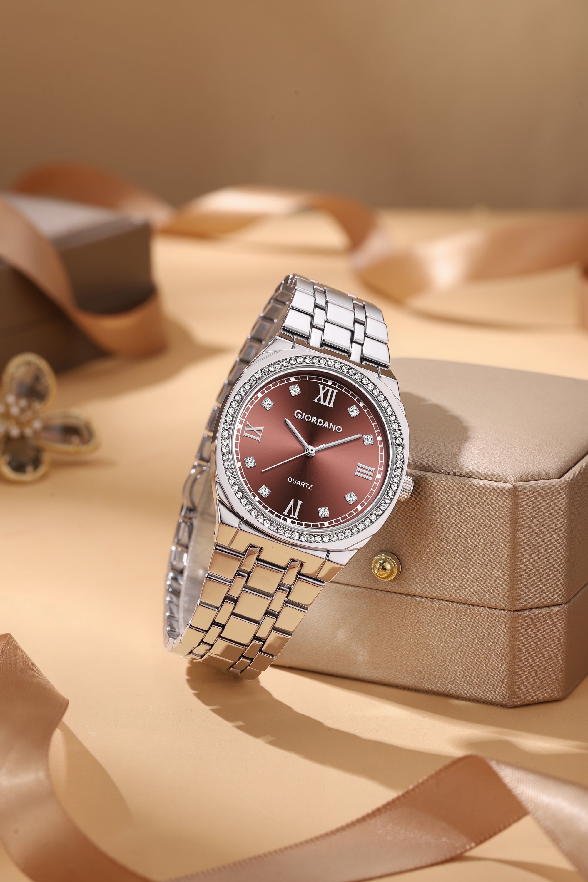 Giordano Analog Quartz Watch for Men with Round Brown Dial, Roman Indices, Blue Crown, Crystal Studded Hour Markers and Bezel, Silver Stainless Steel Strap - GZ-50216-22