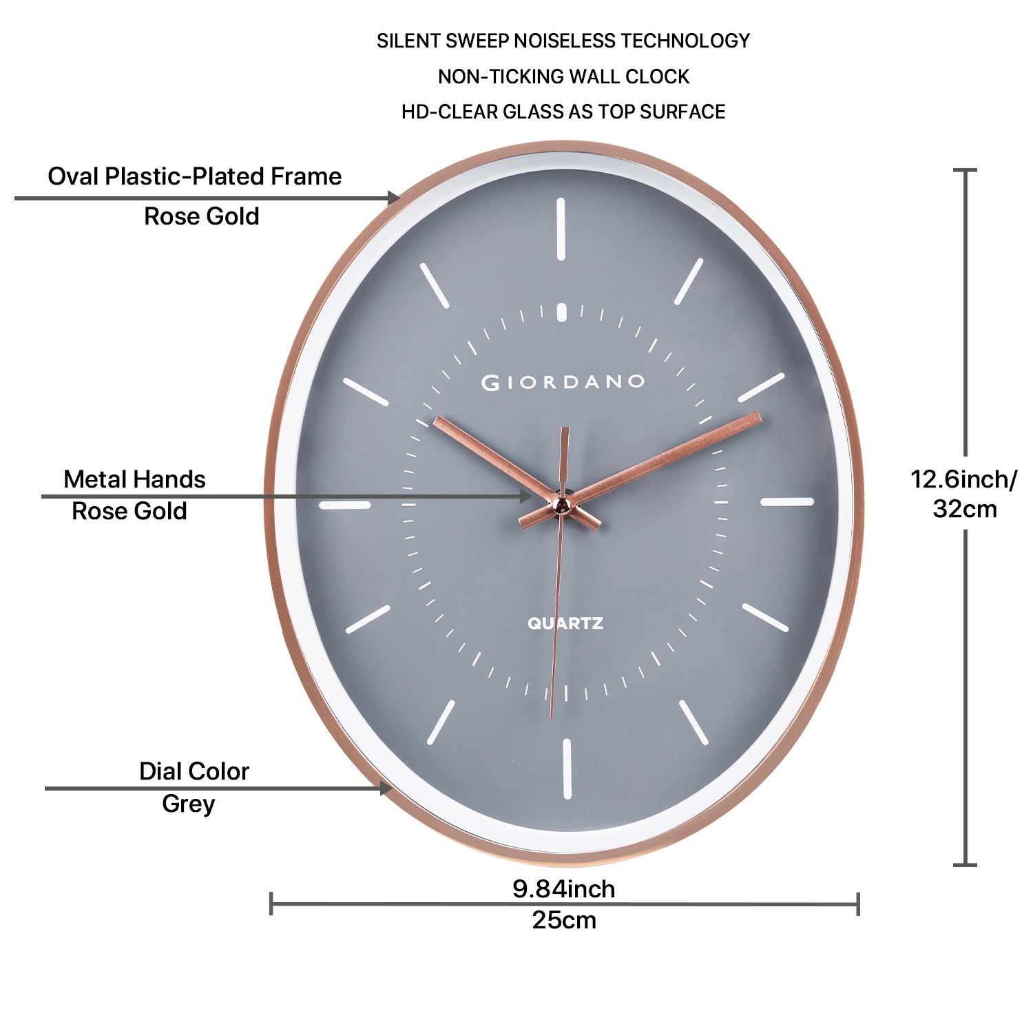 Giordano Wall Clock, Silent Sweep Non-Ticking Quartz Movement, Grey Dial, Rose Gold Oval Plastic Frame, Metal Hand - GDCLTY1001RGGRY
