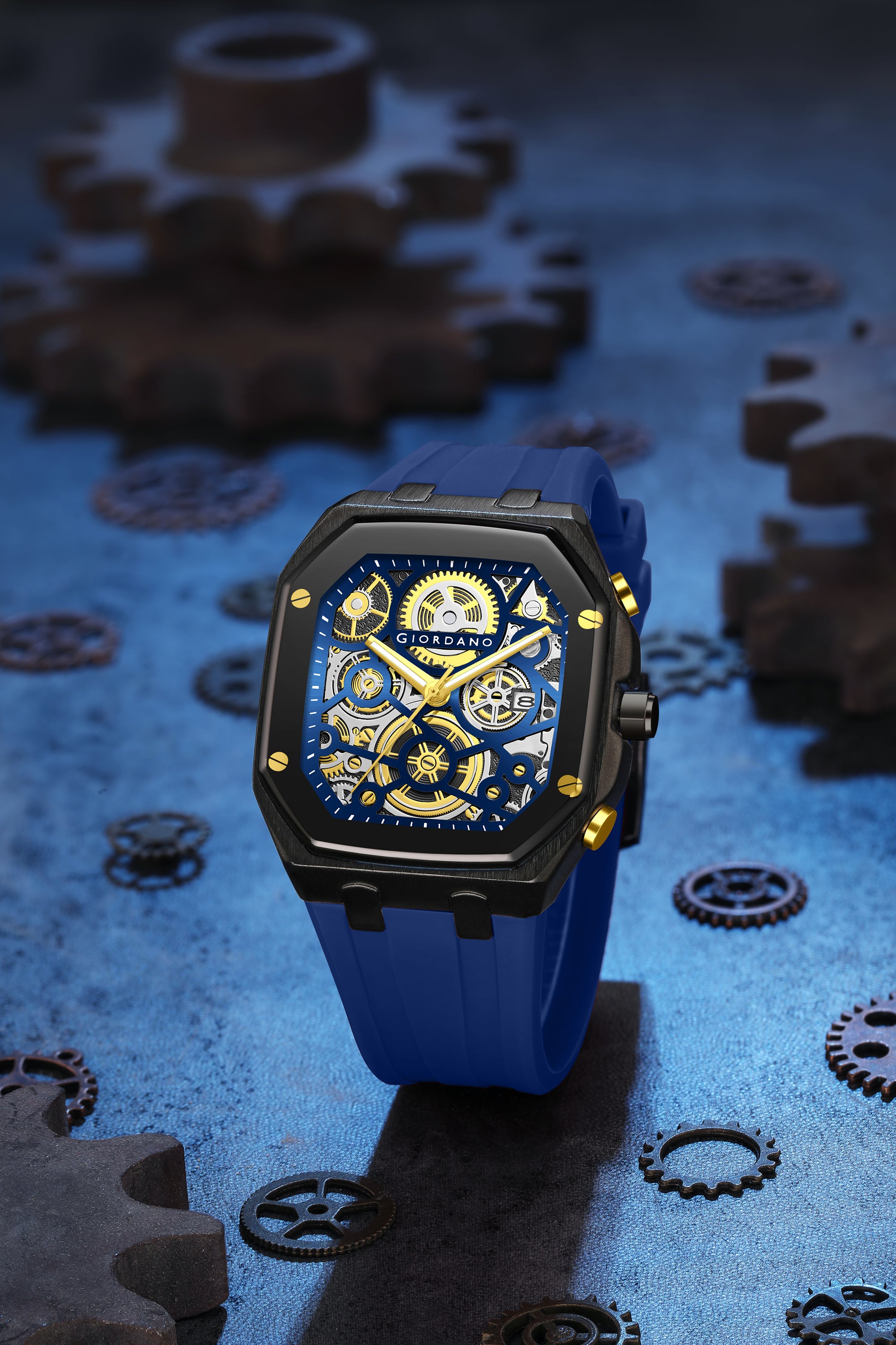 Giordano Skeleton Dial Analog Watch for Men – Black Tone Case, Blue Silicone Strap, Date Display & Transparent Mechanical Design GZ-50221-04