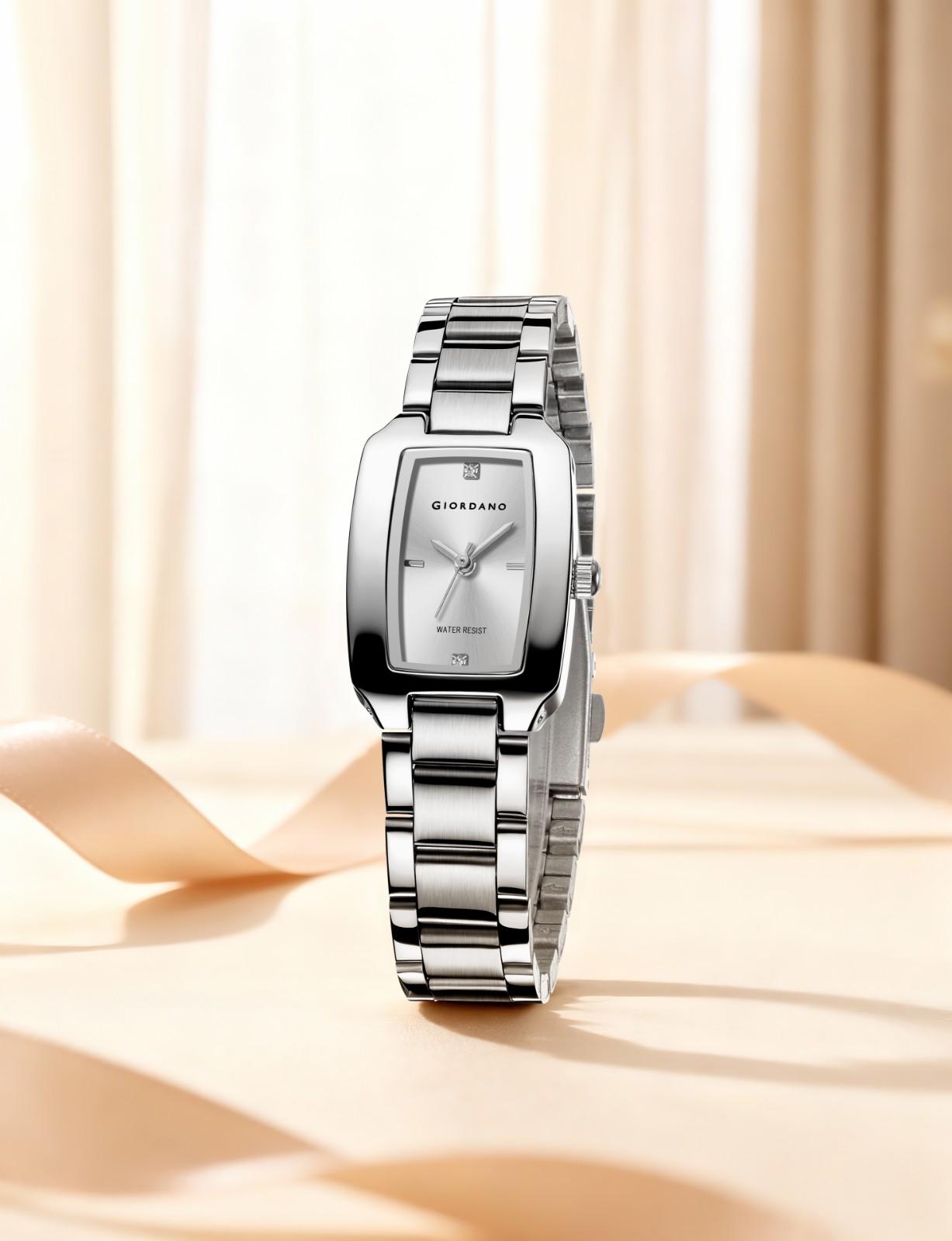 Giordano Analog Watch for Women – Rectangular Dial, Stainless Steel Strap, Crystal Accent Markers, Elegant Wristwatch - GZ-60140-11