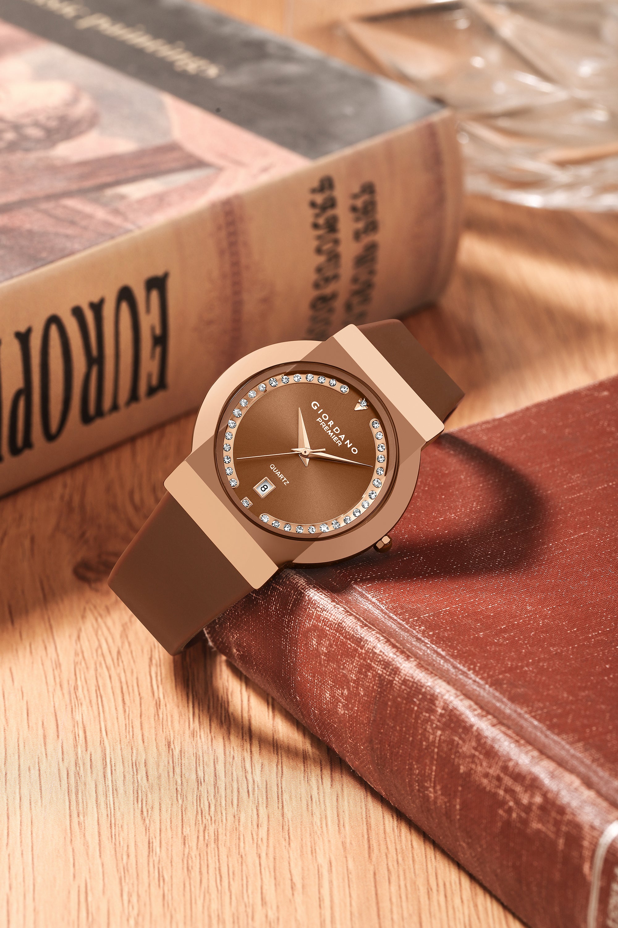 Giordano Premier Analog Quartz Watch for Women with Round Brown Dial, Crystal Studded Bezel, Date Display, Rose Gold Case & Brown Silicone Strap - GZ-50228-02