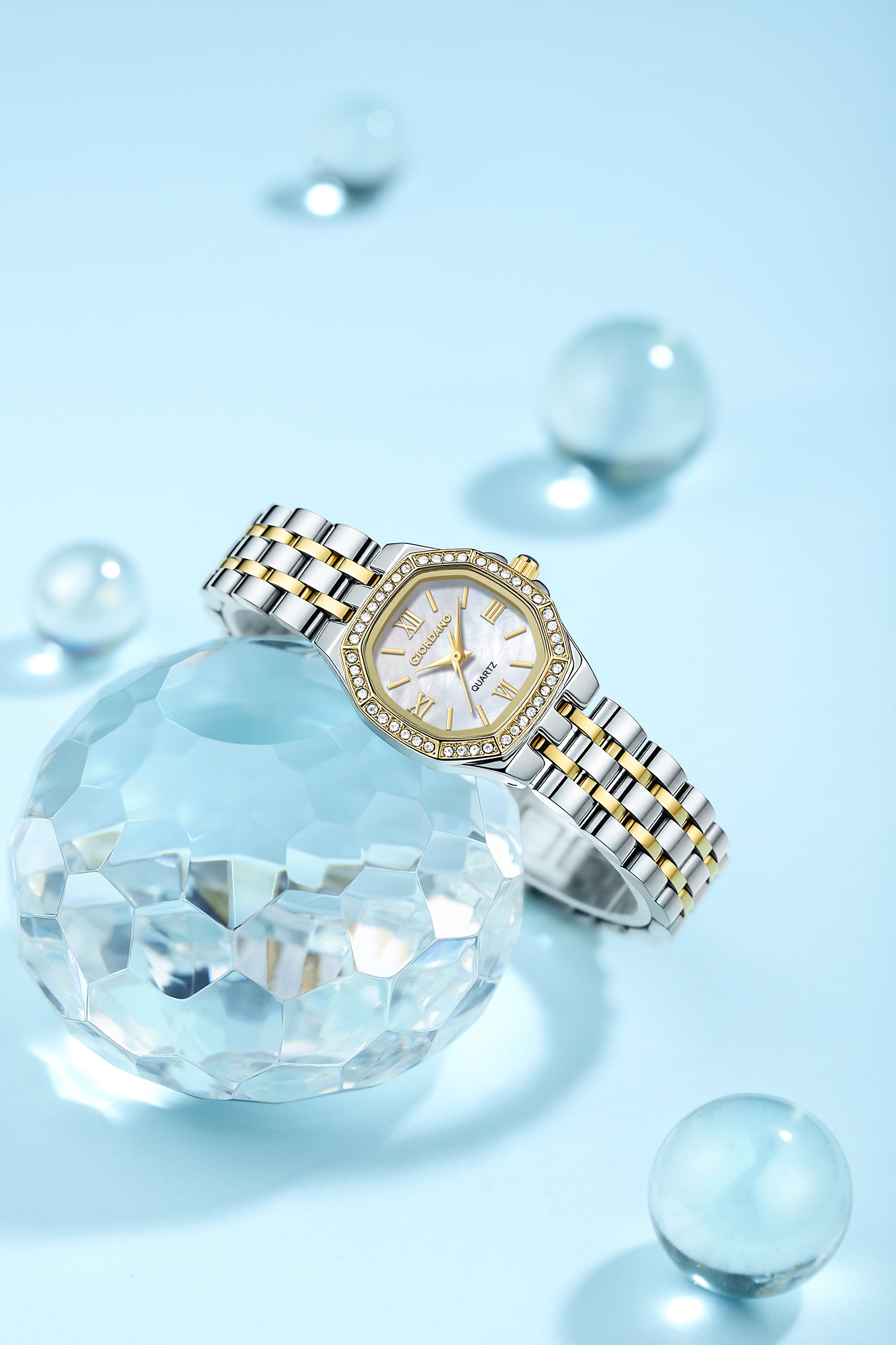 Giordano Analog Watch for Women with Silver Dial, Crystal Studded Bezel, Roman Indices & Stainless Steel Strap GZ-60162-44