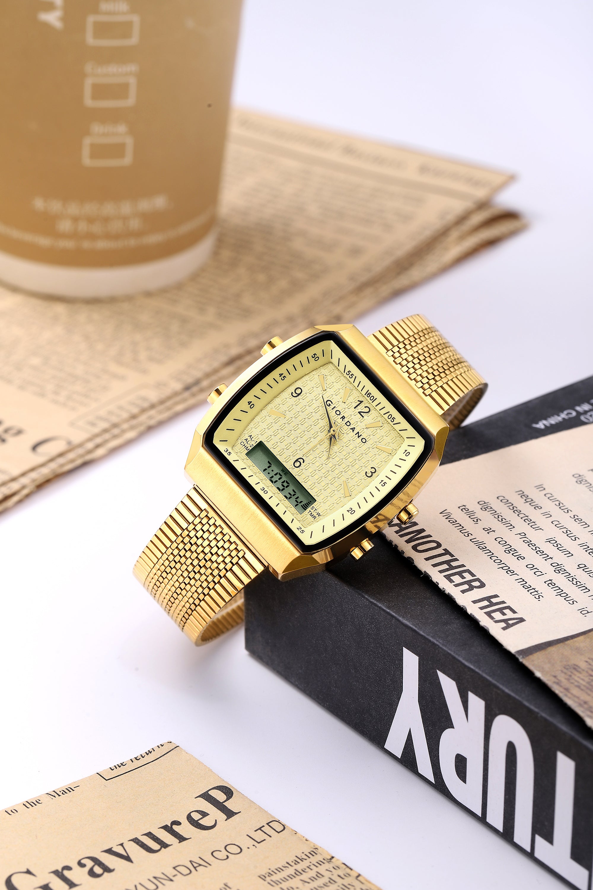 Giordano Analog-Digital Square Watch for Men Dual Time Display, Quartz Movement, Day Display, Textured Dial and Gold Stainless Steel Strap - GZ-50219-44