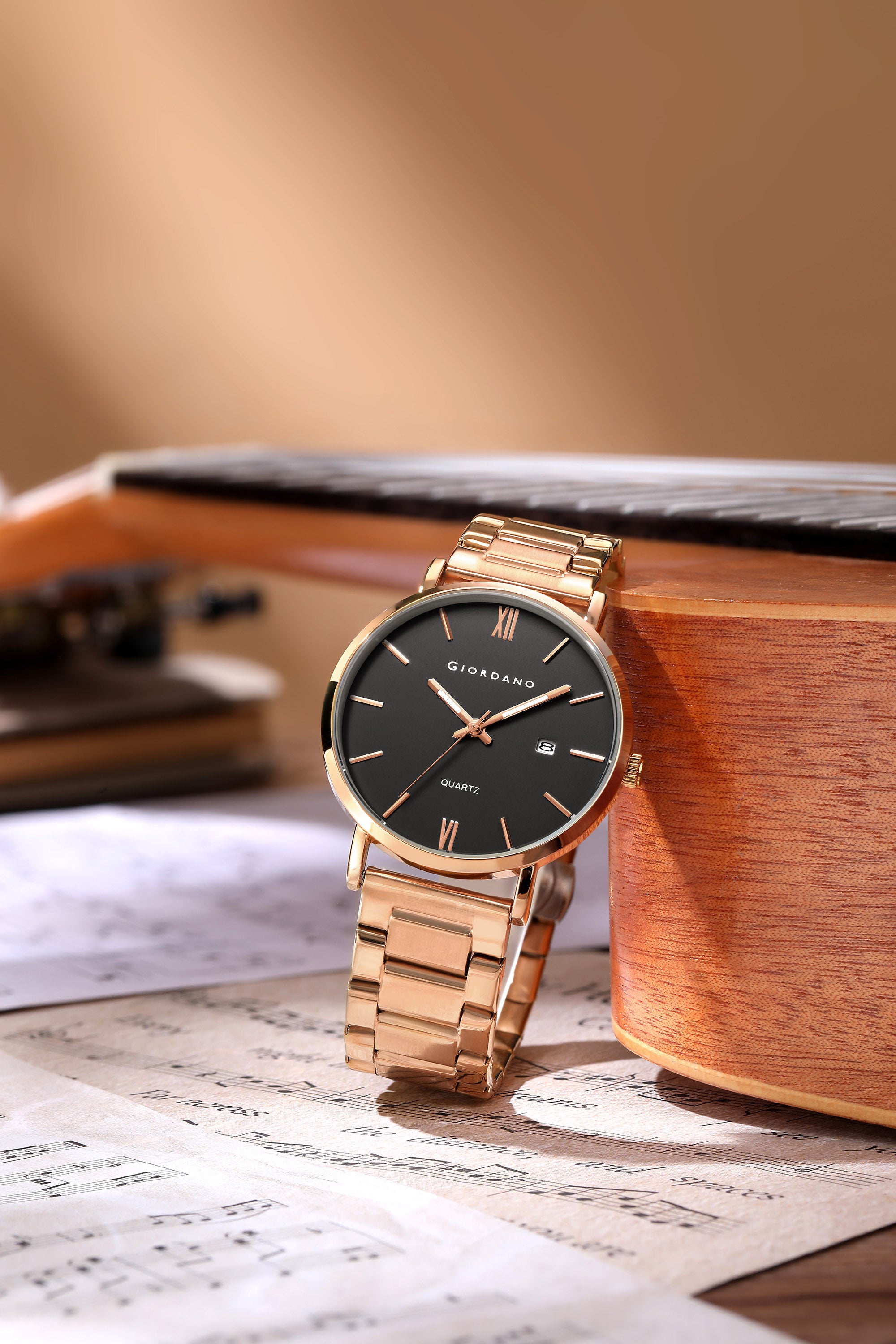 Giordano Analog Quartz Watch for Men with Round Black Dial, Roman Indices, Date Function, Luminous Hands, Rose Gold Stainless Steel Strap - GZ-50211-55