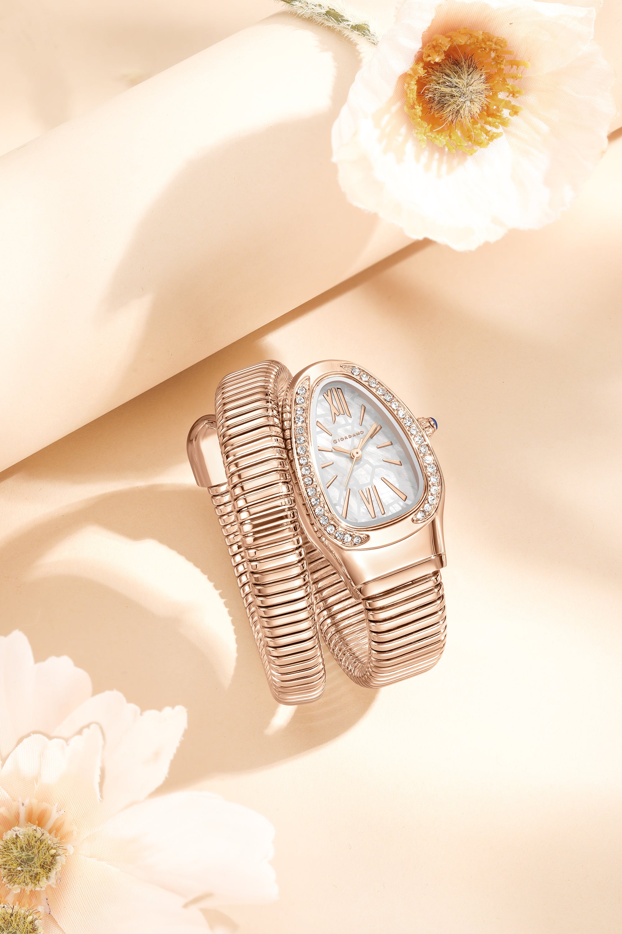 Giordano Serpentine Collection Analog Quartz Watch for Women with White Geometric-Textured Dial, Crystal-Studded Bezel, Roman Numerals & Snake-Style Wrap-Around Stainless Steel Strap - GZ-60189-11