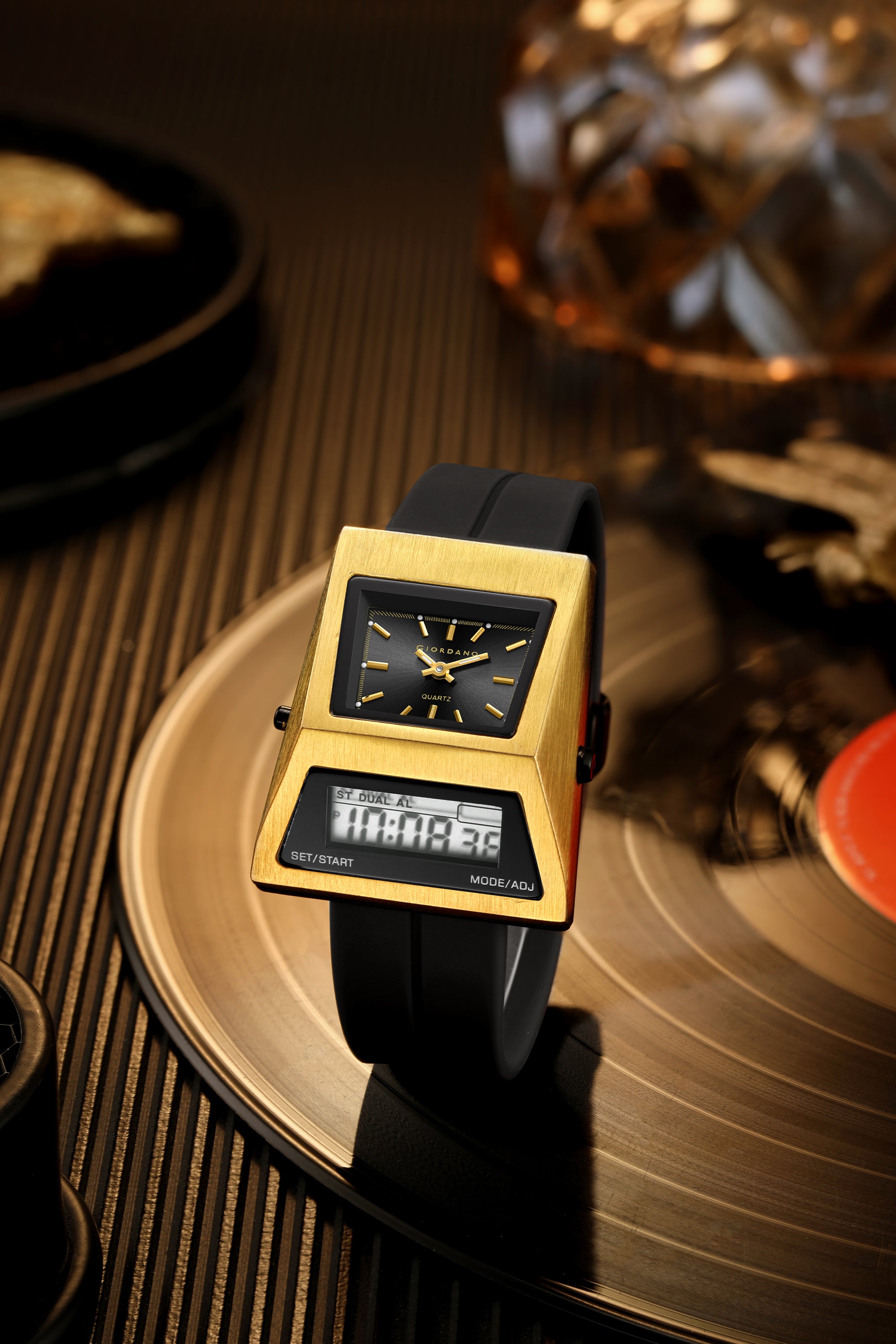 Giordano Analog Digital Watch for Men with Triangle Shape Black Dial, Dual Time Display, Black Silicone Strap - GZ-50205-01