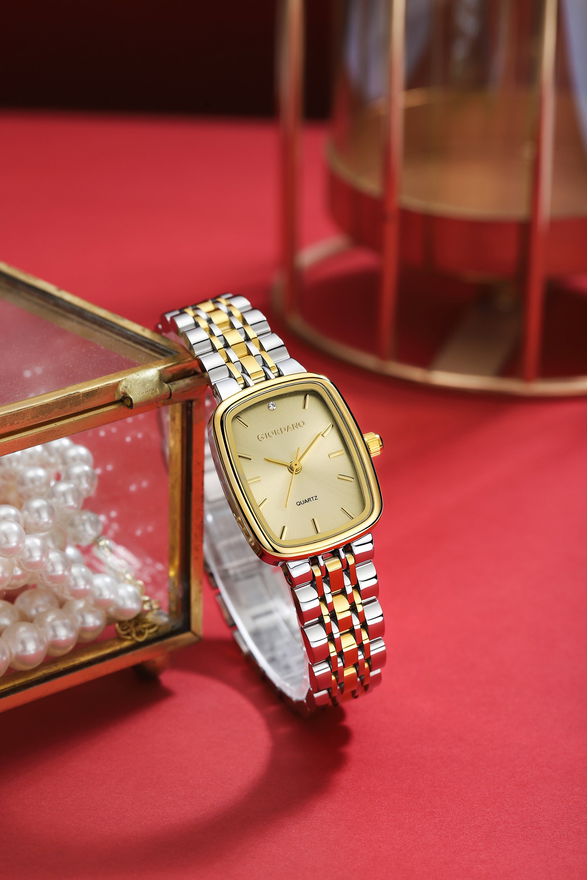 Giordano Analog Quartz Watch for Women with Rectangular Gold Dial, Blue Crown, Silver and Gold Stainless Steel Strap - GZ-60150-11