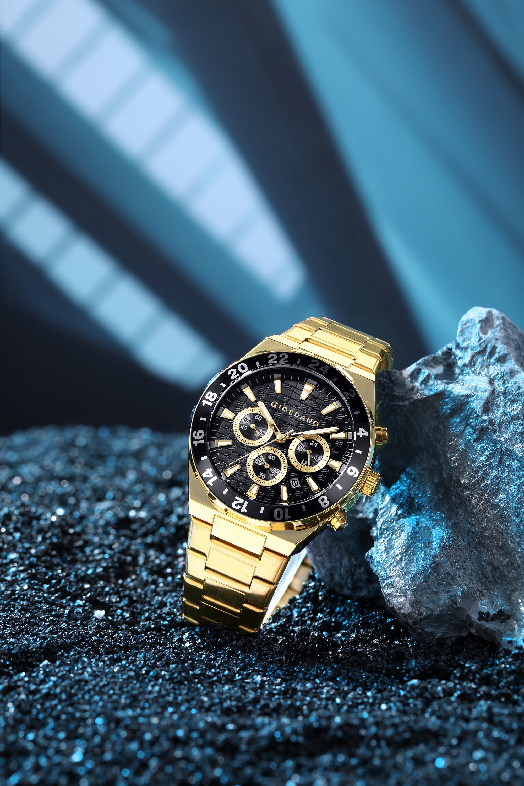 Giordano Chronograph Watch for Men with Texured Round Black Dial with Gold Accents, Date Display and Tachymeter Bezel, Gold Stainless Steel Strap - GZ-50198-44