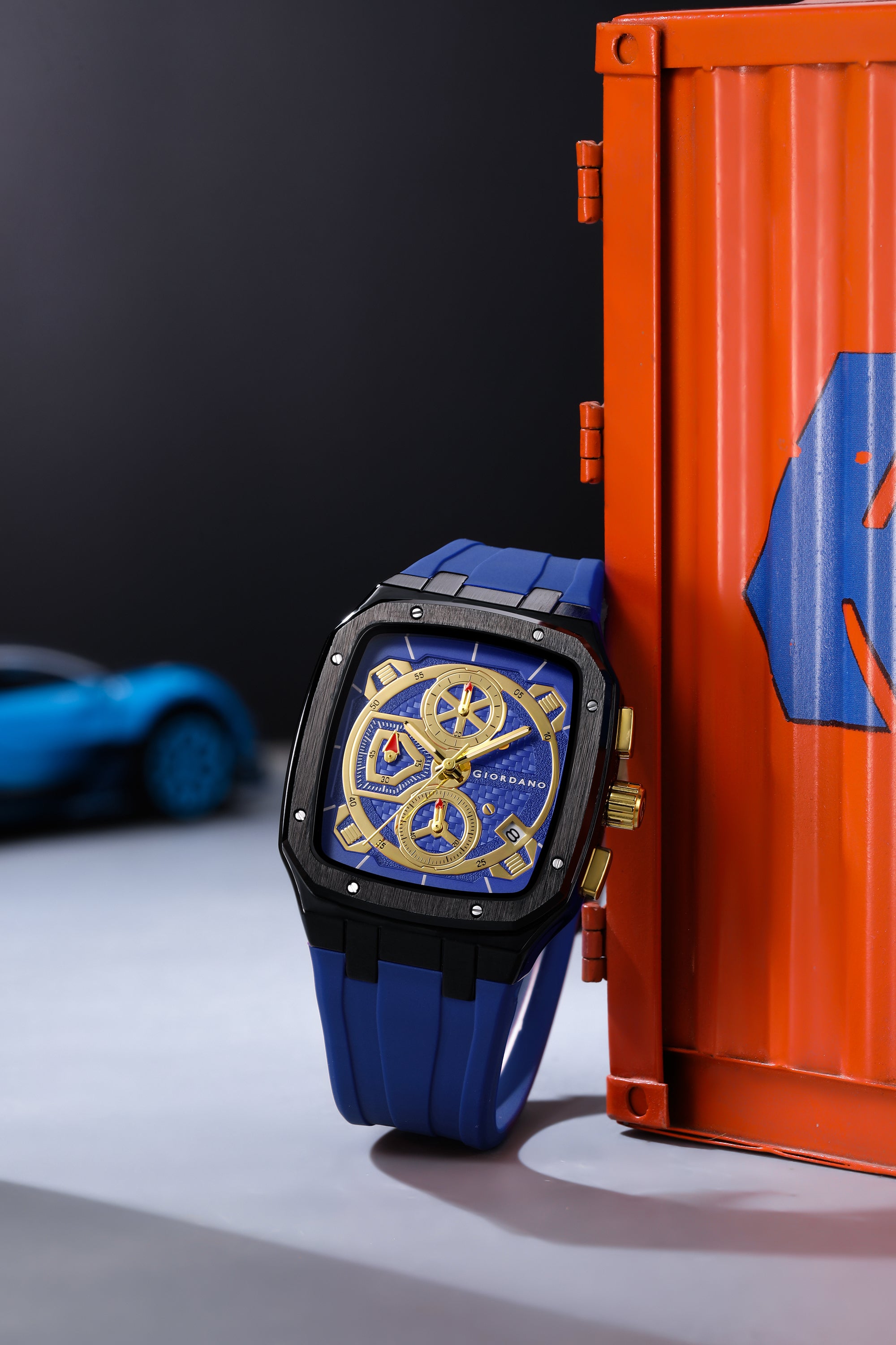 Giordano Analog Watch for Men with Chronograph Subdials, Black Square Case, Date Display, Quartz Movement, Blue Silicone Strap GZ-50204-22