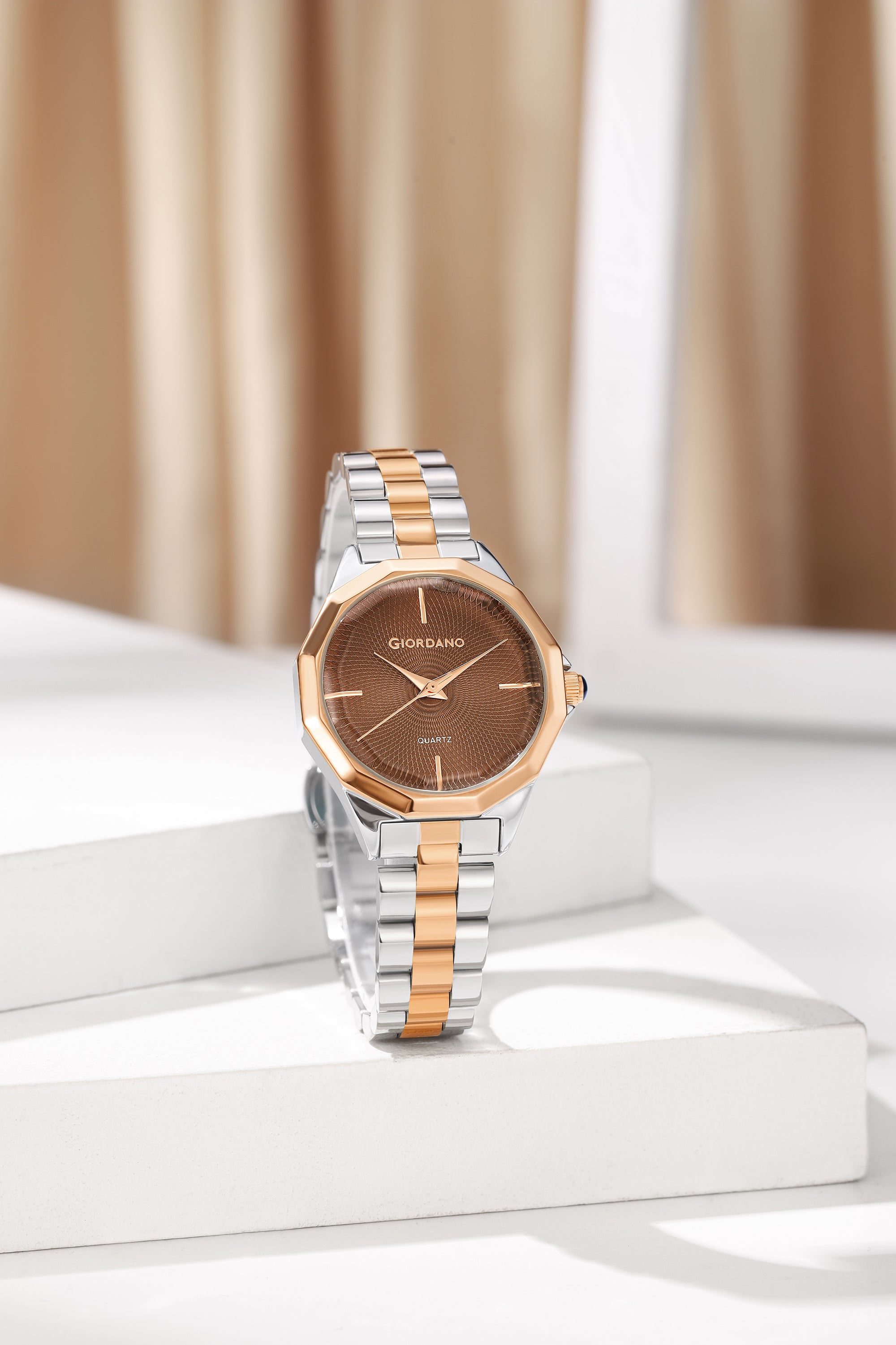 Giordano Analog Quartz Watch for Women with Textured Round Brown Dial, Square Case, Blue Crown, Silver and Rose Gold Stainless Steel Strap - GZ-60158-11