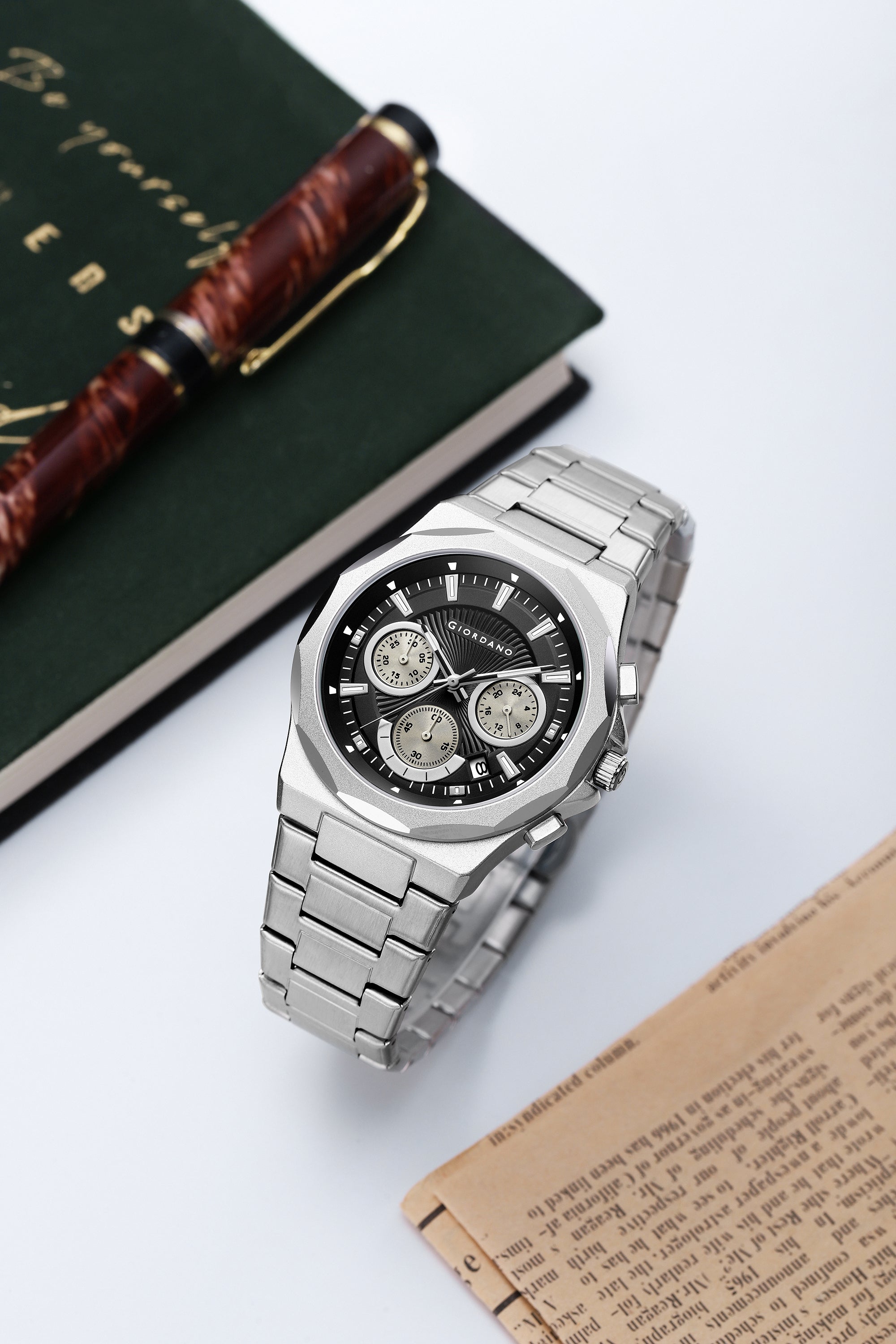 Giordano Chronograph Analog Quartz Watch for Men with Textured Round Black Dial, Date Function, Luminous Hands and Markers, Silver Stainless Steel Strap - GZ-50199-11