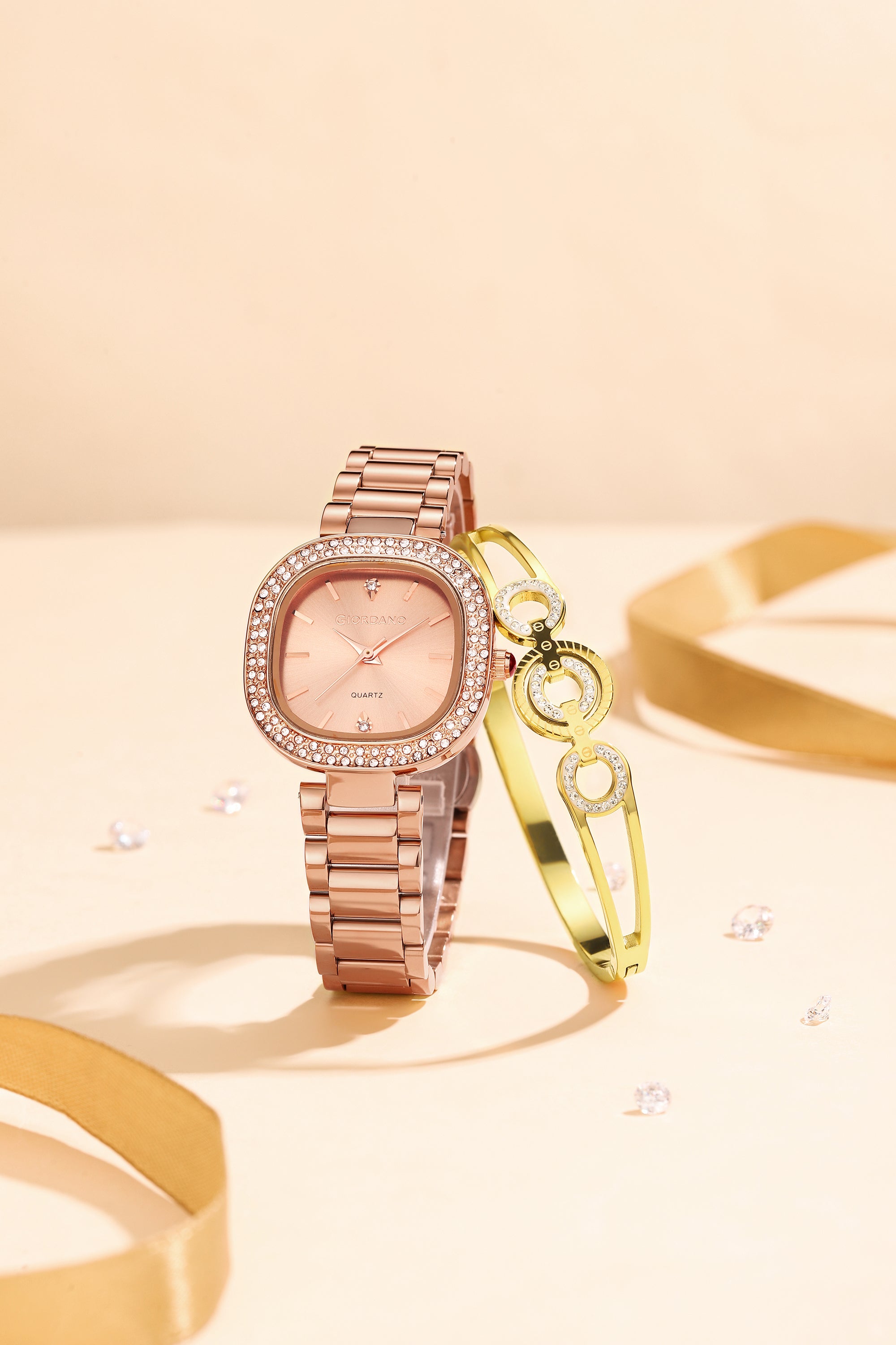 Giordano Analog Quartz Watch for Women with Bangle Square Rose Gold Dial, Blue Crown, Crystal Studded Hour Markers and Bezel, Rose Gold Stainless Steel Strap - GZ-60166-44