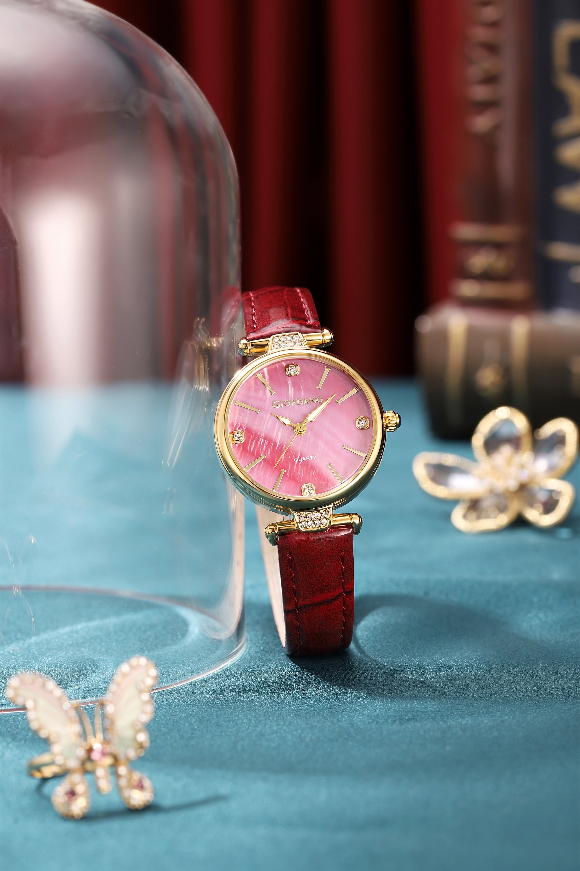 Giordano Analog Quartz Watch for Women with sunray Round Red Dial, Blue Crown, Luminos hands and Crystal hour markers, Red Leather Strap - GZ-60161-04