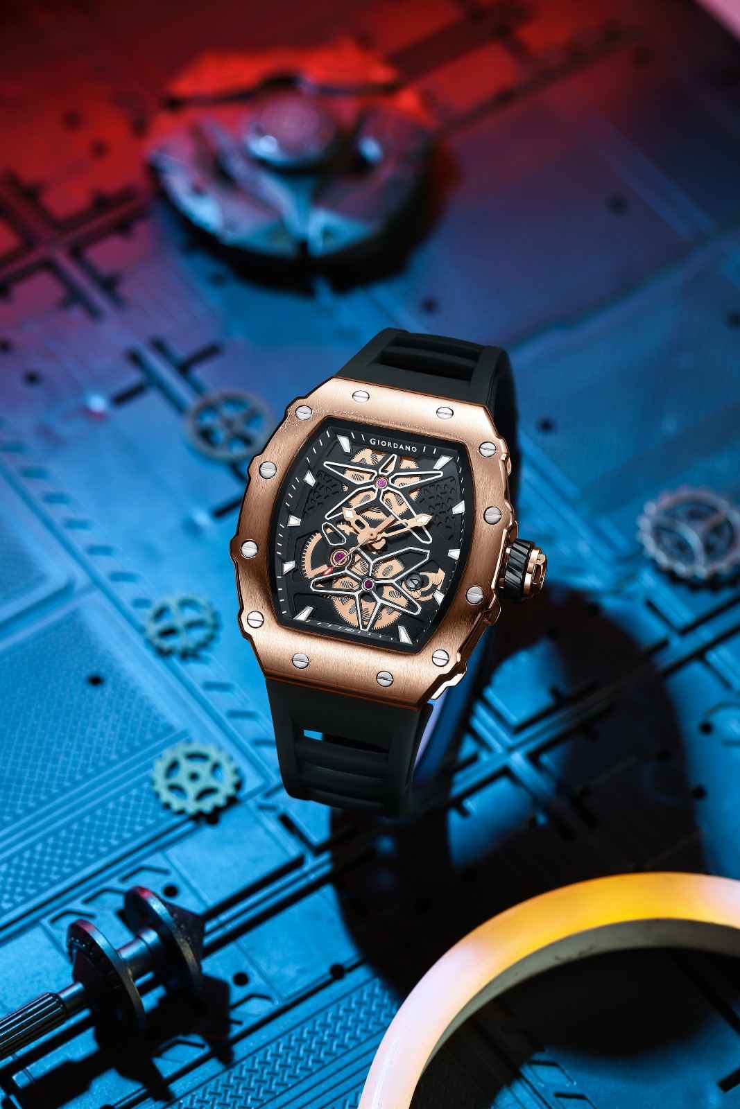 Giordano Analog Skeleton Dial Watch for Men – Tonneau Case, Silicone Strap, Open-Gear Sport Design, Quartz Movement - GZ-50188-33