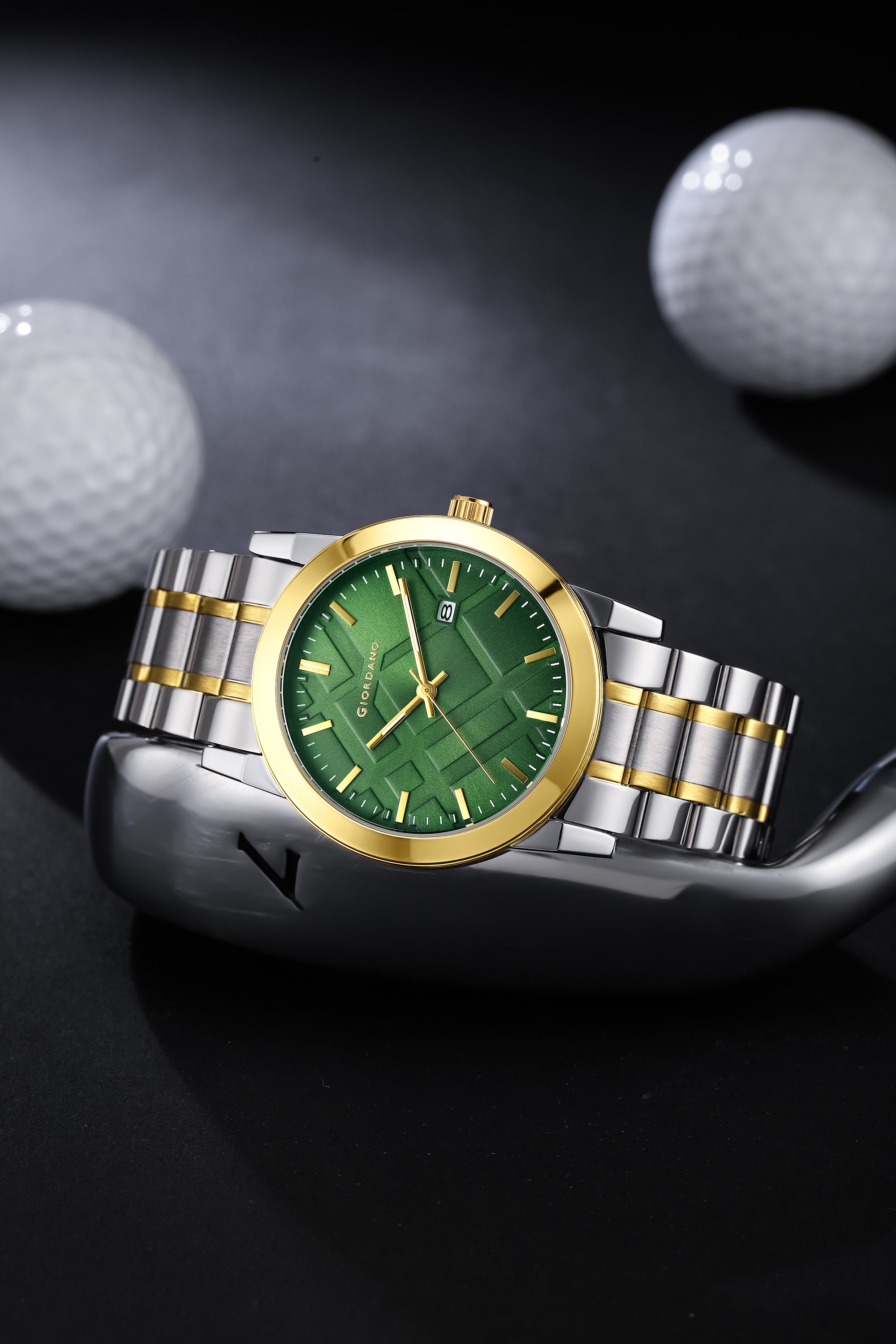 Giordano Analog Quartz Watch for Men with Green Geometric Textured Round Dial, Luminous Hands Markers, Date Display, Faceted Bezel and Two-Tone Gold & Silver Stainless Steel Strap - GZ-50193-22