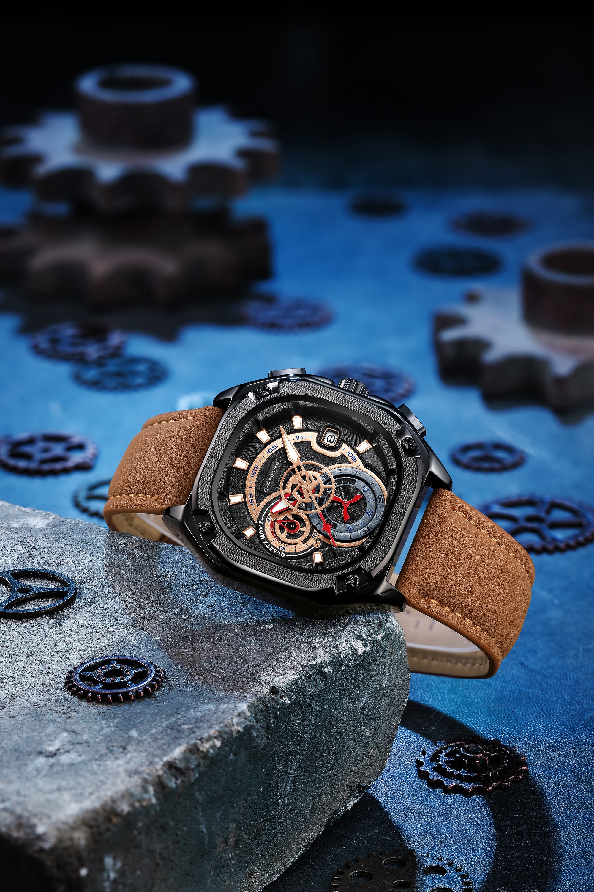 Giordano Analog Quartz Watch for Men – Multi-Dial Chronograph Style with Gear Dial Design, Octagon Case, Leather Strap & Date Display, Casual Sports Watch - GZ-50156-01