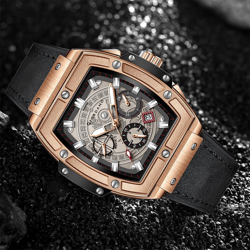 जिओडैनो टर्मिनेटर पुरुषों की रोज़ गोल्ड लेदर मल्टीफंक्शन वॉच - डे, डेट और 24-घंटे सब-डायल के साथ | पुरुषों के लिए वाटर रेसिस्टेंट स्क्वायर डायल यूनिक डिज़ाइन रिस्ट वॉच | GZ-50098-02