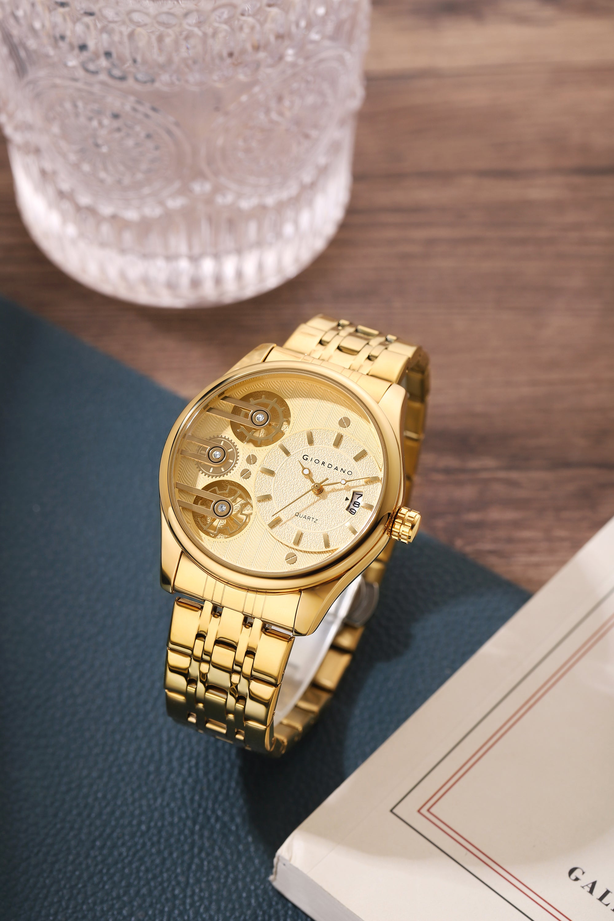 Giordano Analog Watch for Men with Round Gold Dial, Gear-Inspired Design, Date Display & Stainless Steel Strap GZ-50222-44