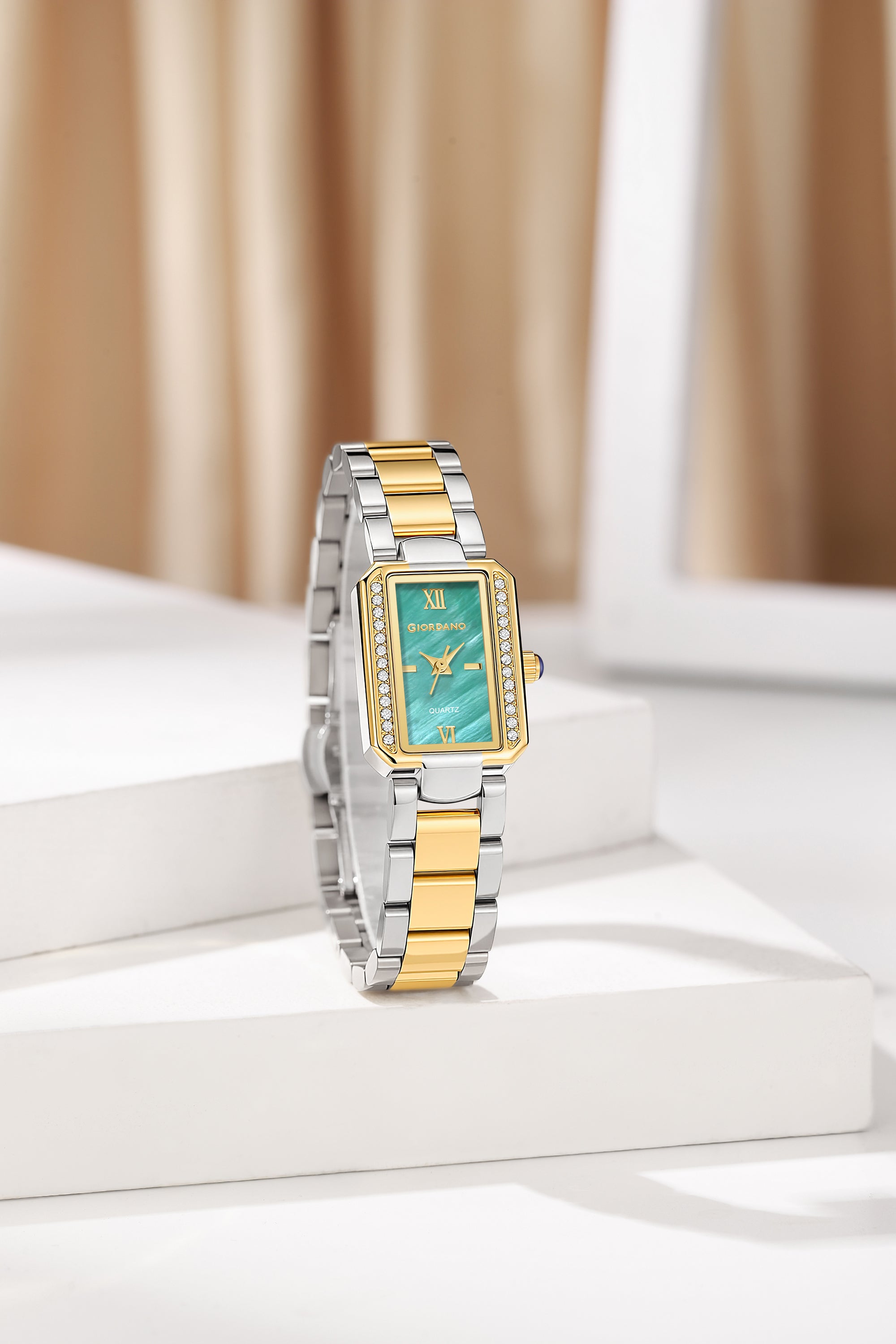 Giordano Analog Quartz Watch for Women with sunray Rectangle Green Dial, Roman indices, Crystal studded bezel, Blue Crown, Silver and Gold Stainless Steel Strap - GZ-60167-33