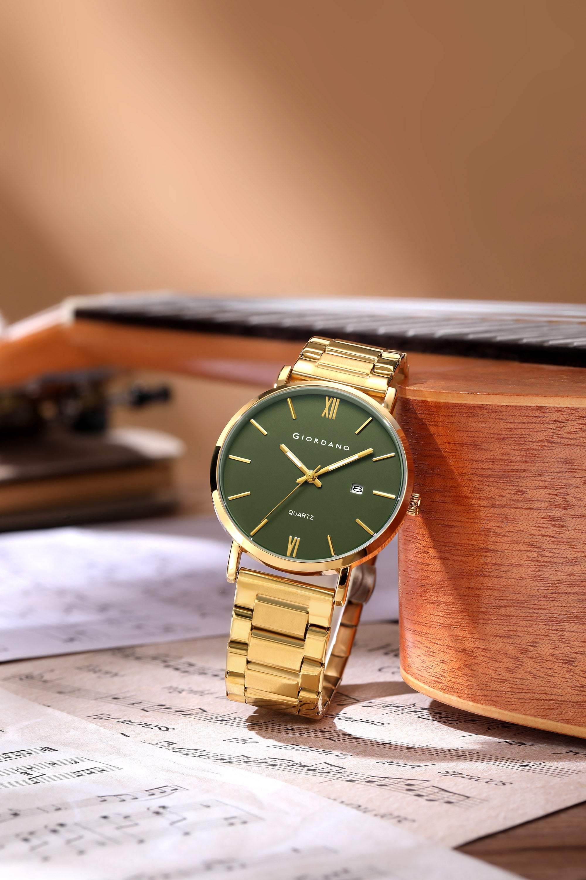 Giordano Analog Quartz Watch for Men with Round Green Dial, Roman Indices, Date Function, Luminous Hands, Gold Stainless Steel Strap - GZ-50211-33