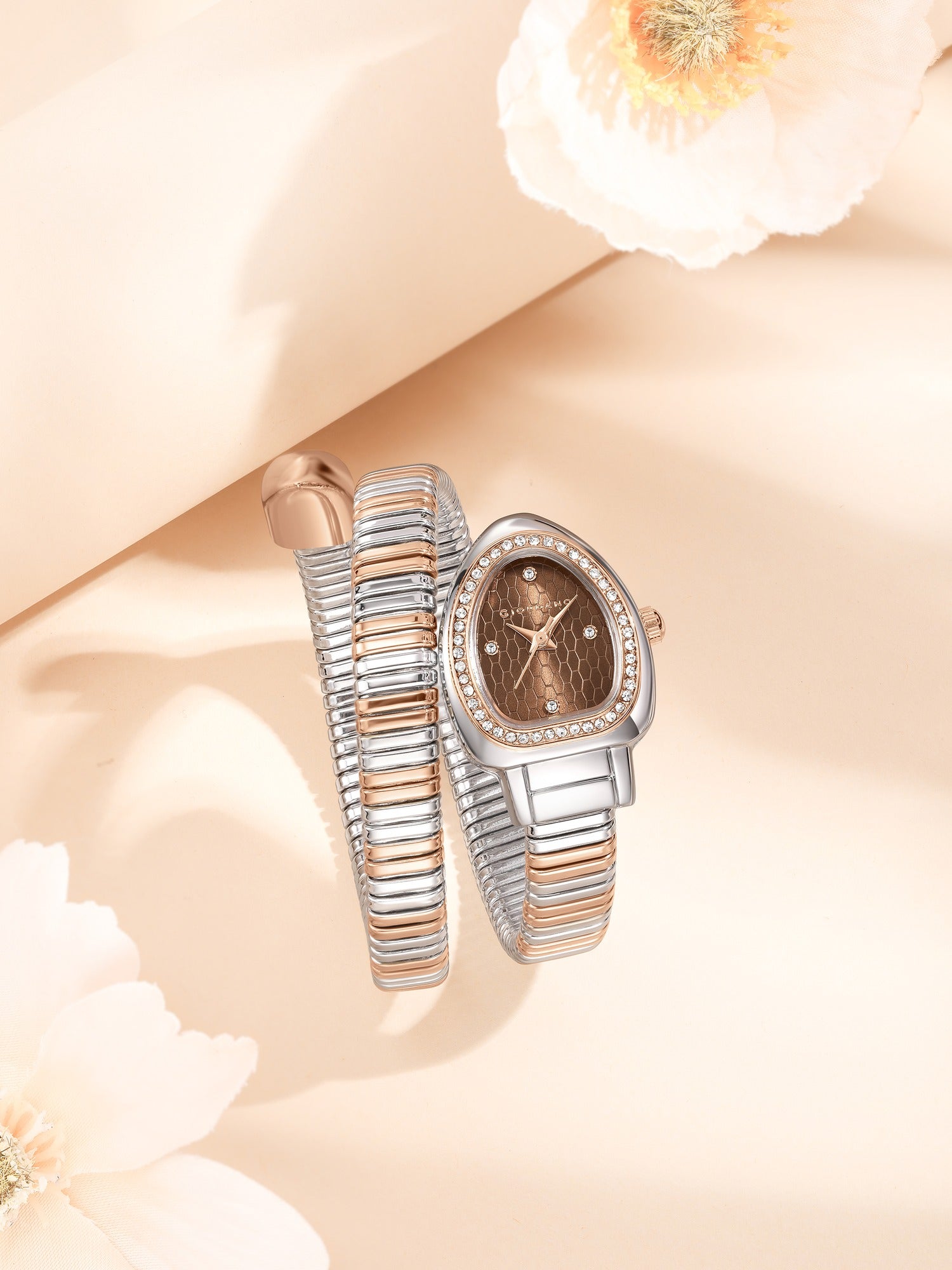 Giordano Serpentine Collection Analog Quartz Watch for Women with Brown Honeycomb-Textured Dial, Crystal Bezel & Markers, Snake-Style Wrap-Around Two-Tone Stainless Steel Strap - GZ-60188-44