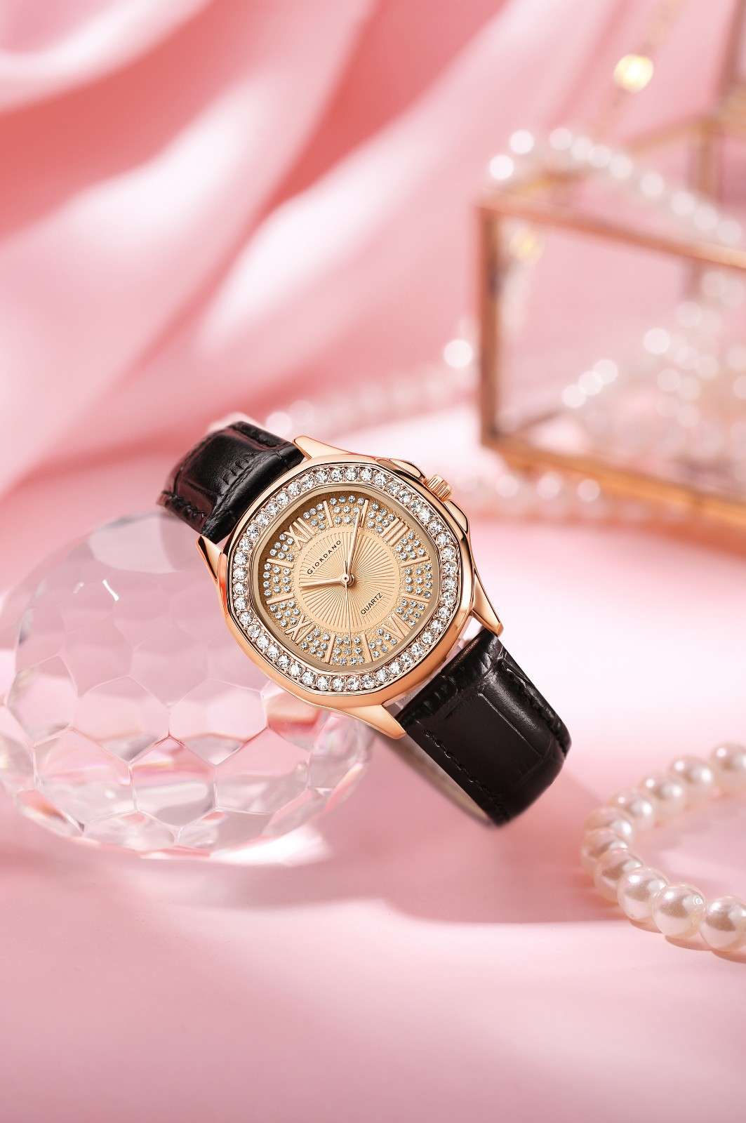 Giordano Luxury Analog Watch for Women with Crystal-Studded Bezel & Leather Strap – Octagonal Case, Elegant Quartz Wristwatch GZ-60141-11