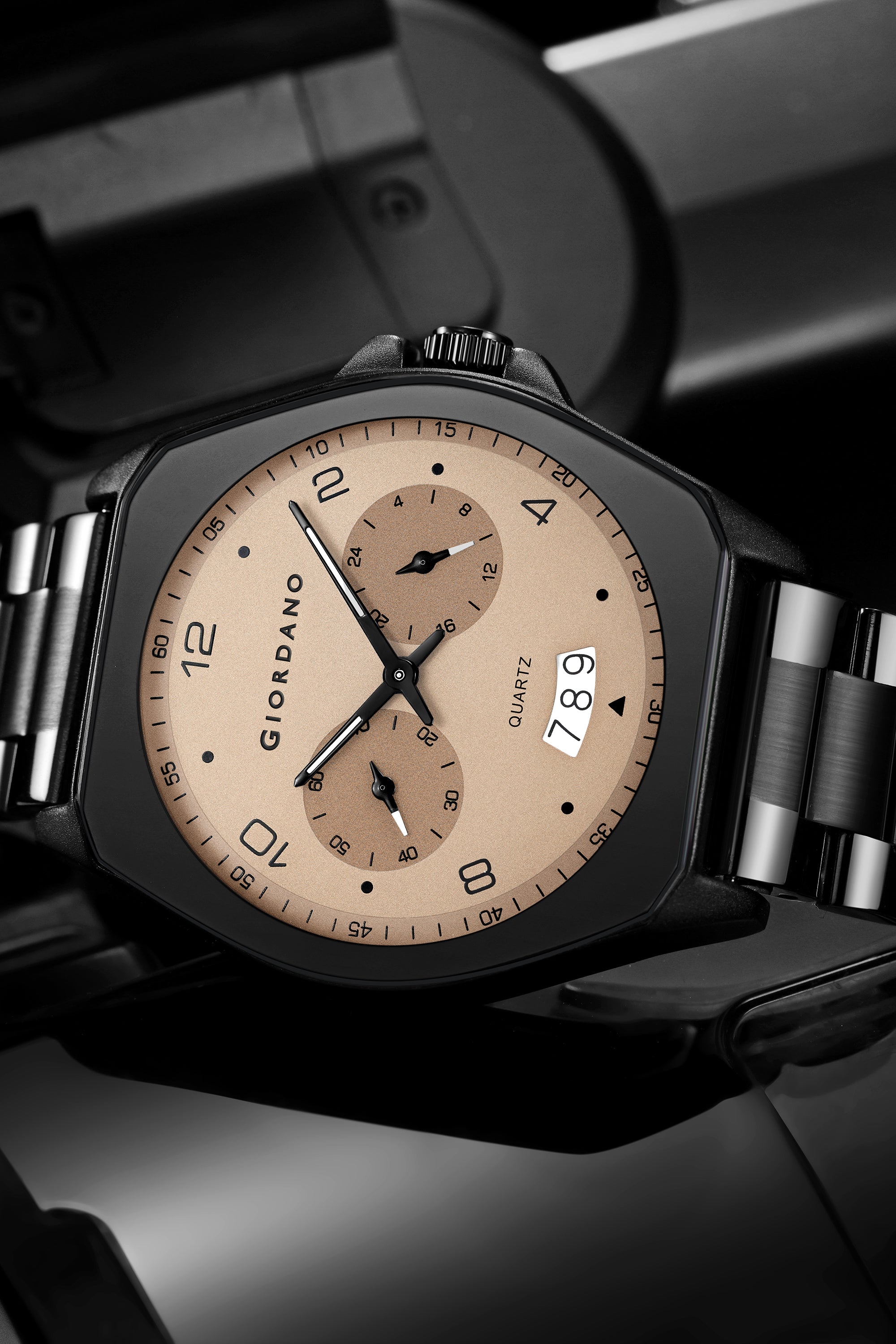 Giordano Elegant Analog Quartz Watch for Men with Multi-Function Hexagonal Dial, Date Display and Stainless Steel Strap - GZ-50213-22