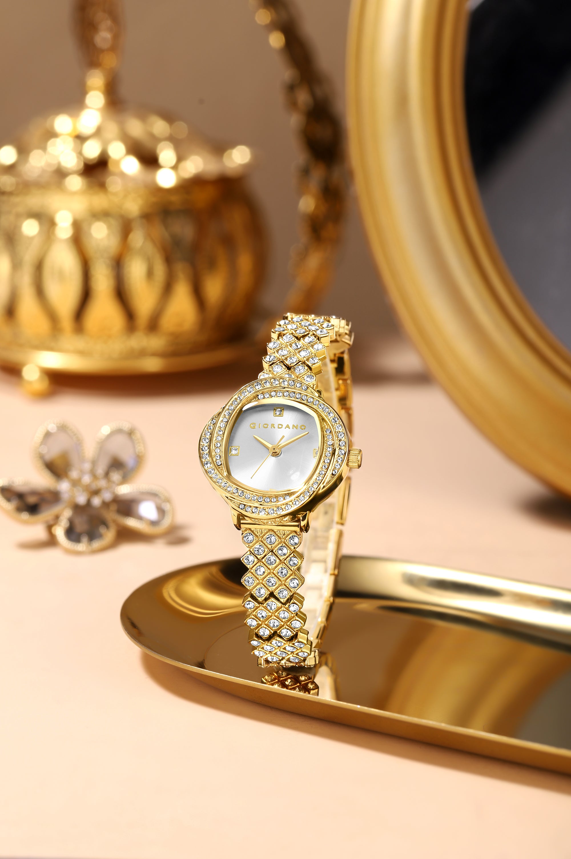 Giordano Luxury Crystal Watch for Women, Stainless Steel Strap, Diamond-Studded Bezel, Elegant Dress Timepiece | GZ-60120-11