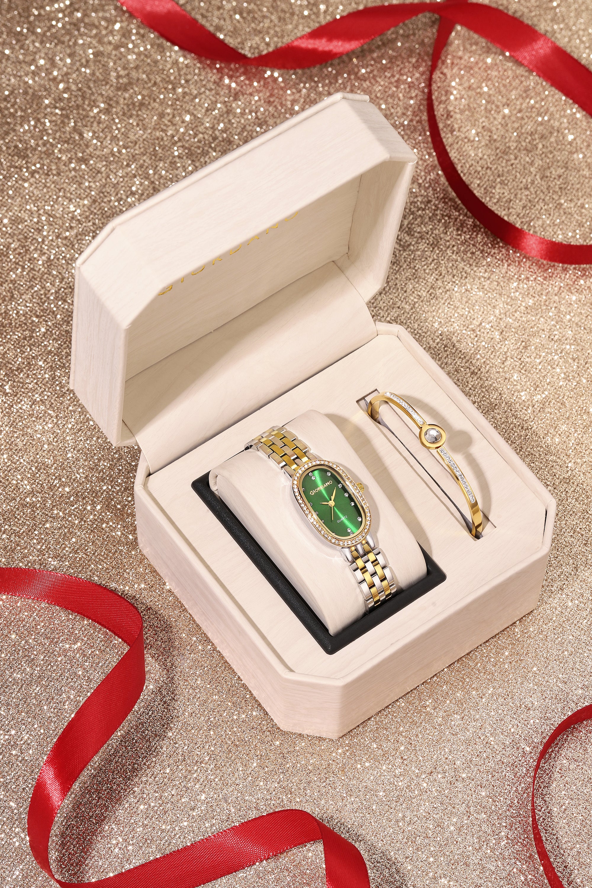 Giordano Analog Quartz Watch for Women with Bangle Oval Green Dial, Blue Crown, Crystal Studded Hour Markers and Bezel, Silver and Gold Stainless Steel Strap - GZ-60153-33