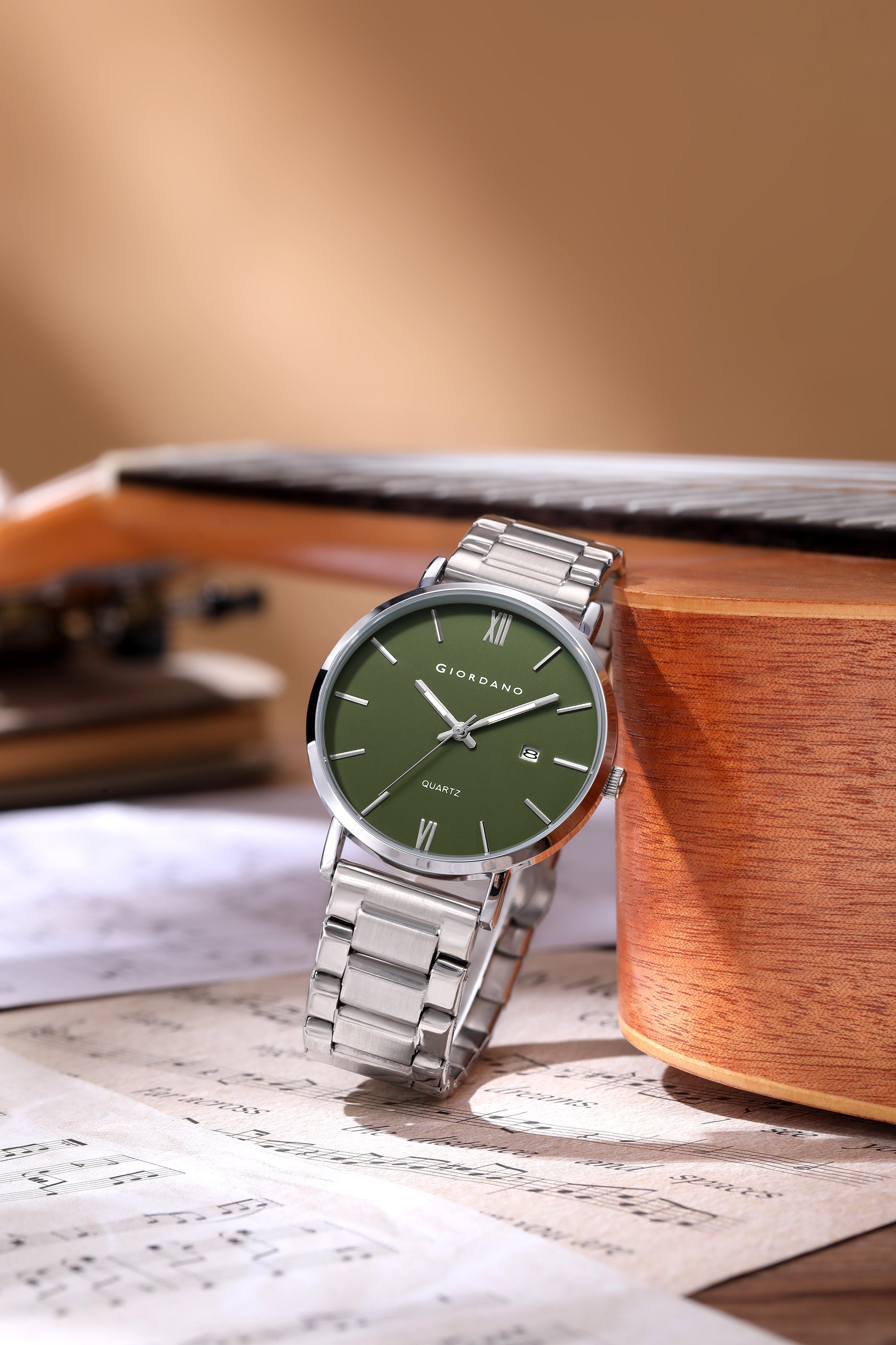 Giordano Analog Quartz Watch for Men with Round Green Dial, Roman Indices, Date Function, Luminous Hands, Silver Stainless Steel Strap - GZ-50211-22