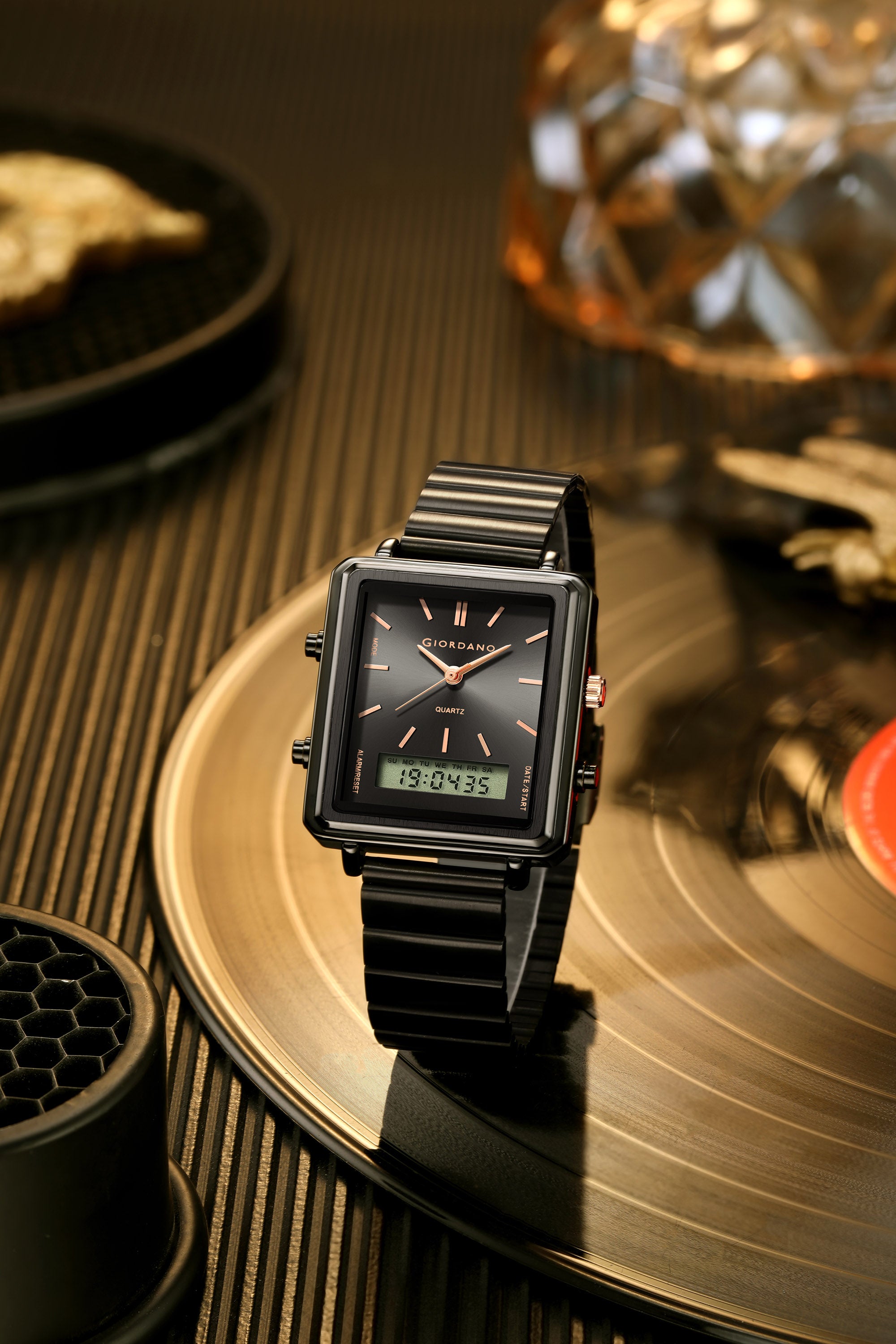 Giordano Analog Digital Watch for Men with Square Black Dial, Dual Time Display, Black Stainless Steel Strap - GZ-50210-11