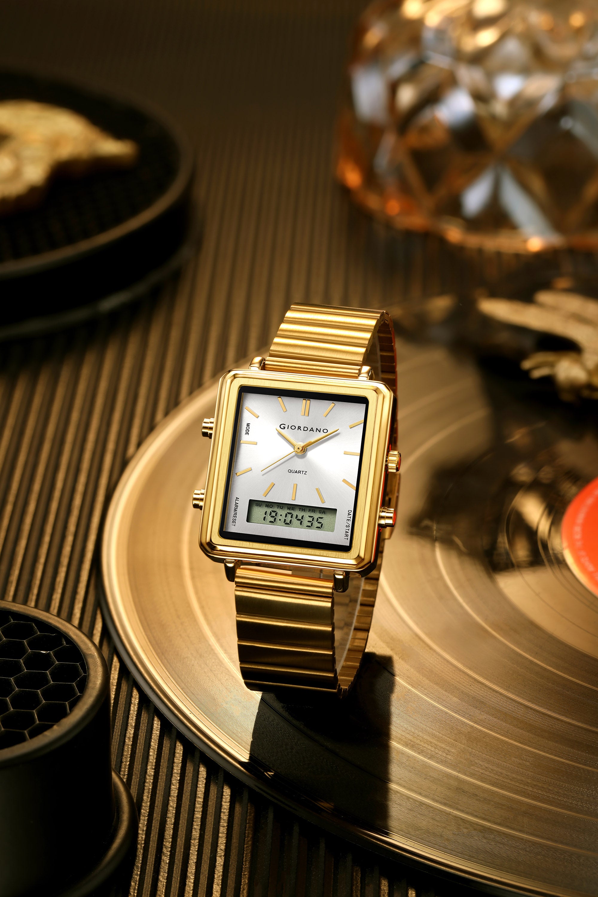 Giordano Analog Digital Watch for Men with Square White Dial, Dual Time Display, Gold Stainless Steel Strap - GZ-50210-33