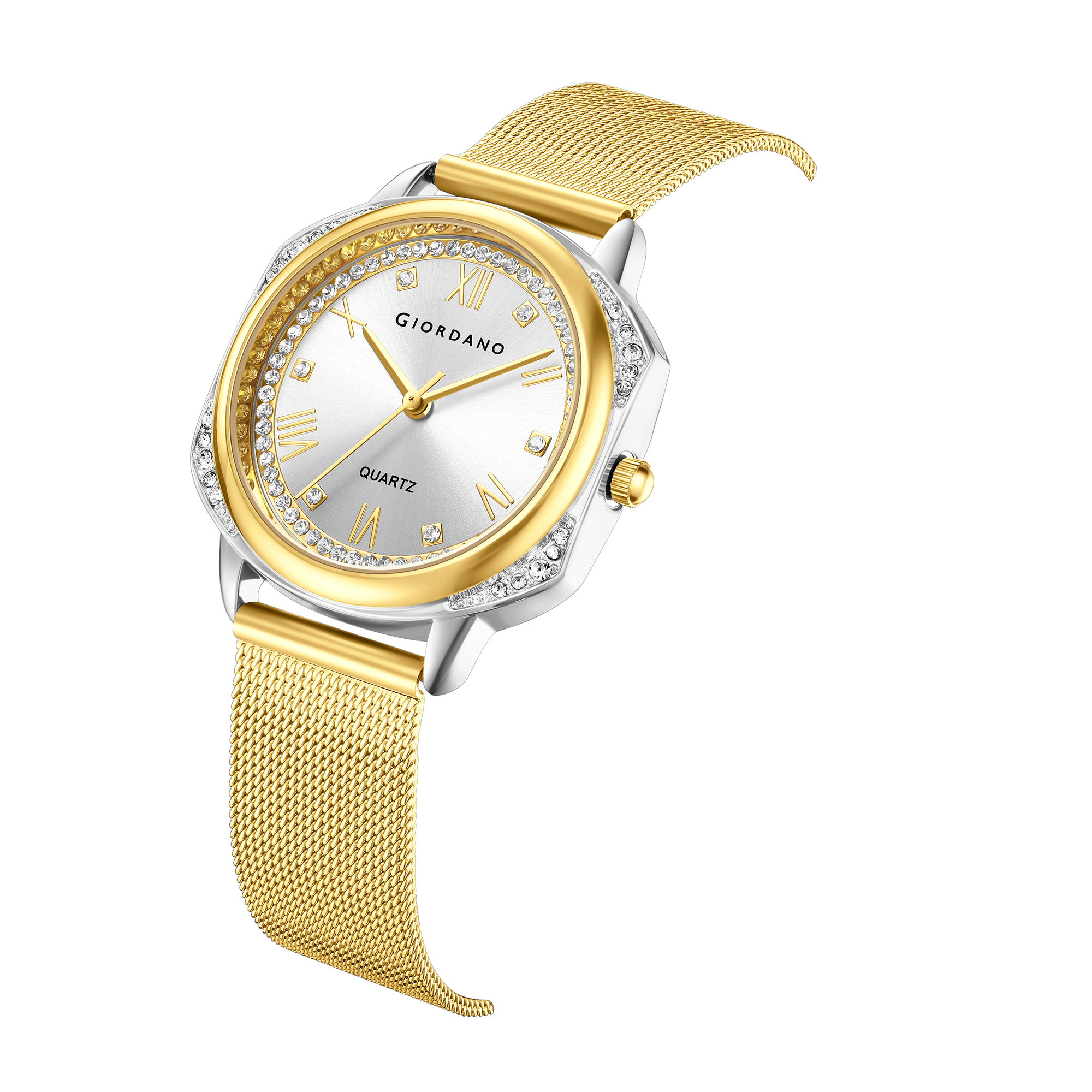 Giordano Gold Analog Quartz Watch Gift Set for Women – 3 Piece Combo with Mesh Strap, Roman Numeral Crystal Studded Dial, Round Pearl Pendant Necklace & Bangle Bracelet - GZ-60183-33