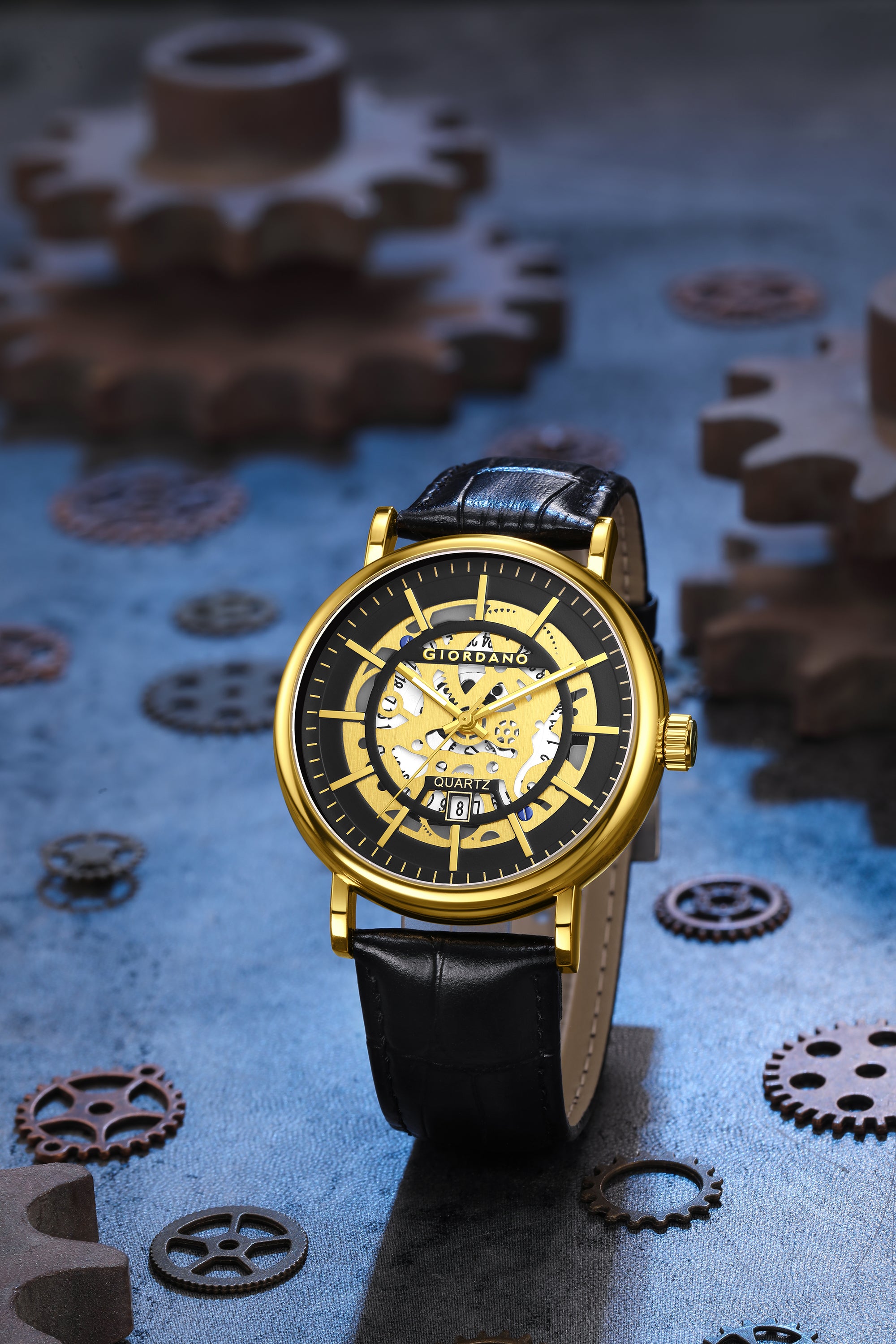 Giordano Analog Quartz Watch for Men with Skeleton Round Black Dial, Date Function, Luminous Hands and Markers, Black Leather Strap - GZ-50182-02