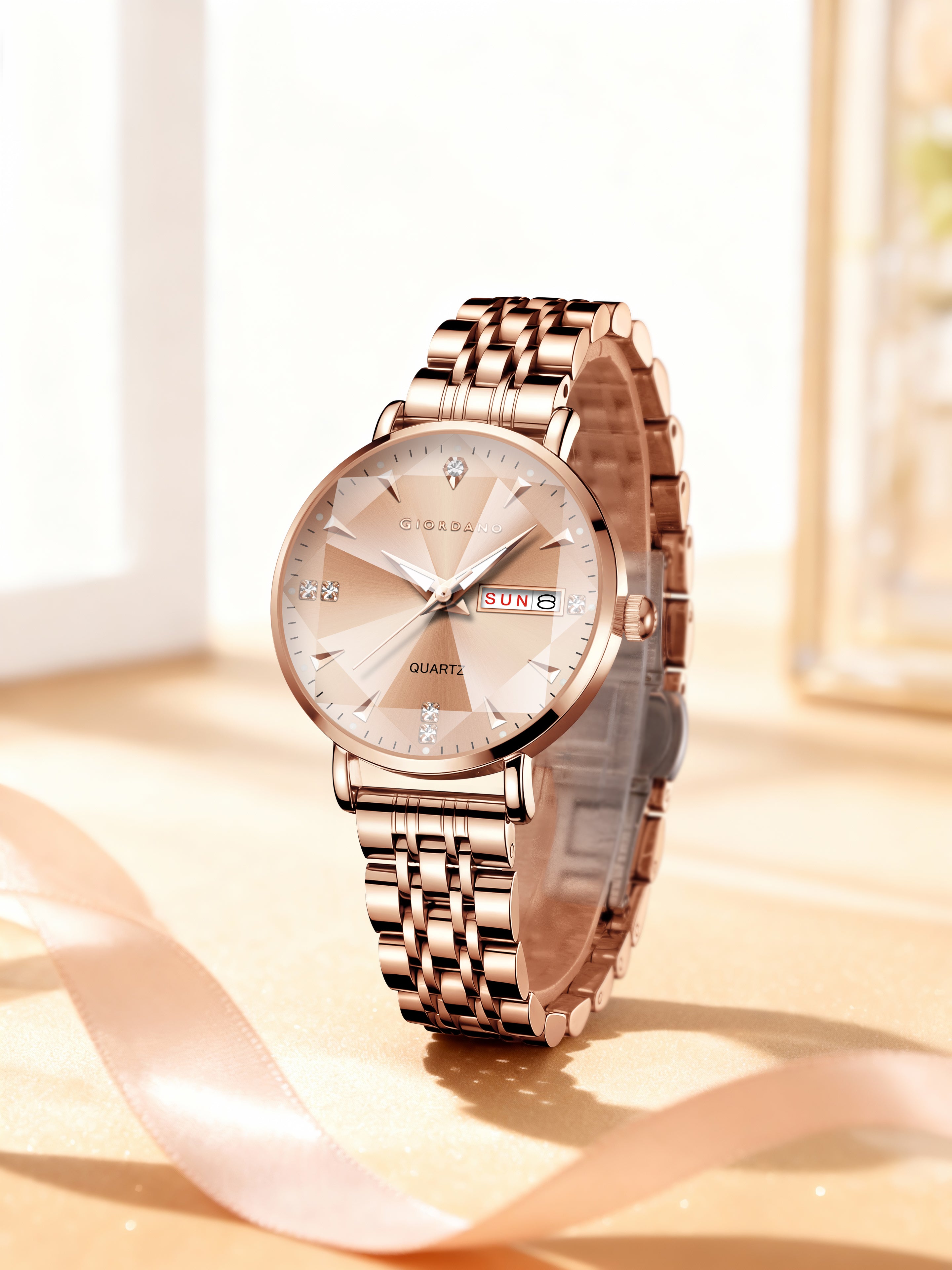 Giordano Rose Gold Analog Watch for Women with Luminous Hands & Markers, Day & Date Display and Stainless Steel Strap - GZ-60139-22