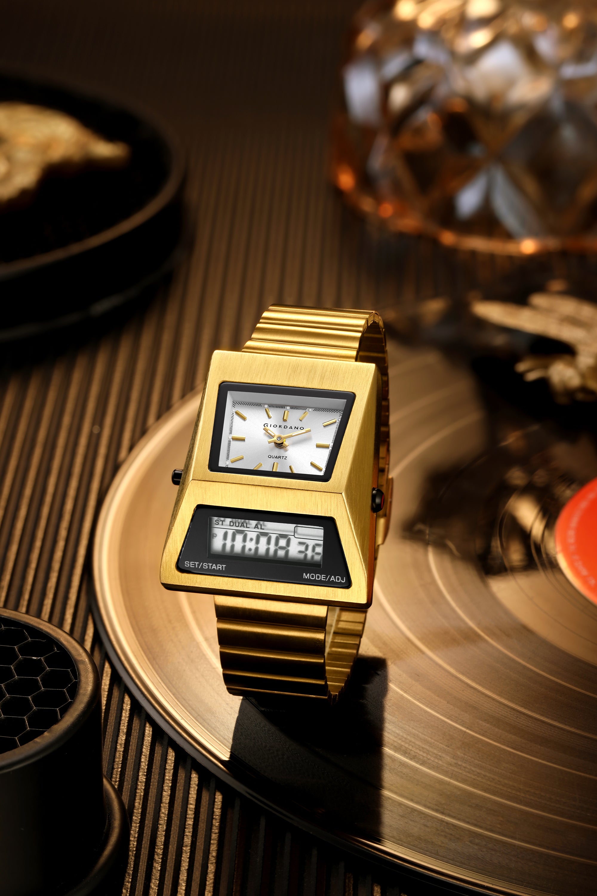 Giordano Analog Digital Watch for Men with Triangle Shape White Dial, Dual Time Display, Gold Stainless Steel Strap - GZ-50205-44