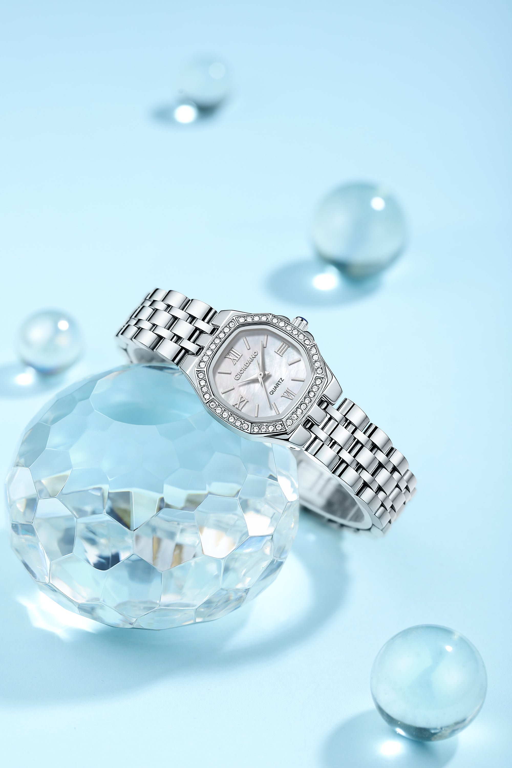 Giordano Analog Watch for Women with Silver Dial, Crystal Studded Bezel, Roman Indices & Stainless Steel Strap GZ-60162-22