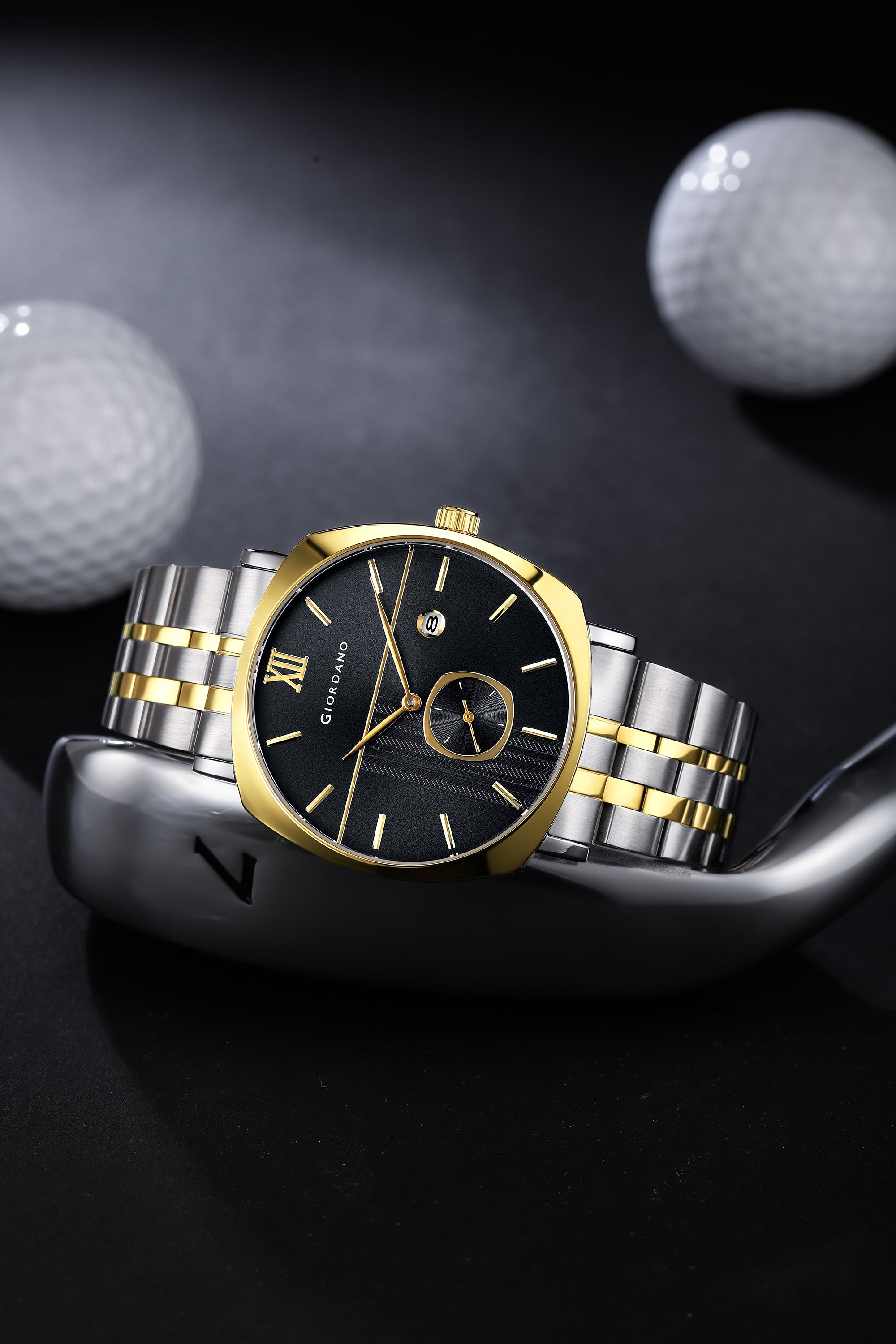 Giordano Analog Quartz Watch for Men with Black Sunray Patterned Dial, Roman XII & Baton Hour Markers, Small Seconds Sub-Dial, Date Display and Two-Tone Gold & Silver Stainless Steel Strap GZ-50192-66
