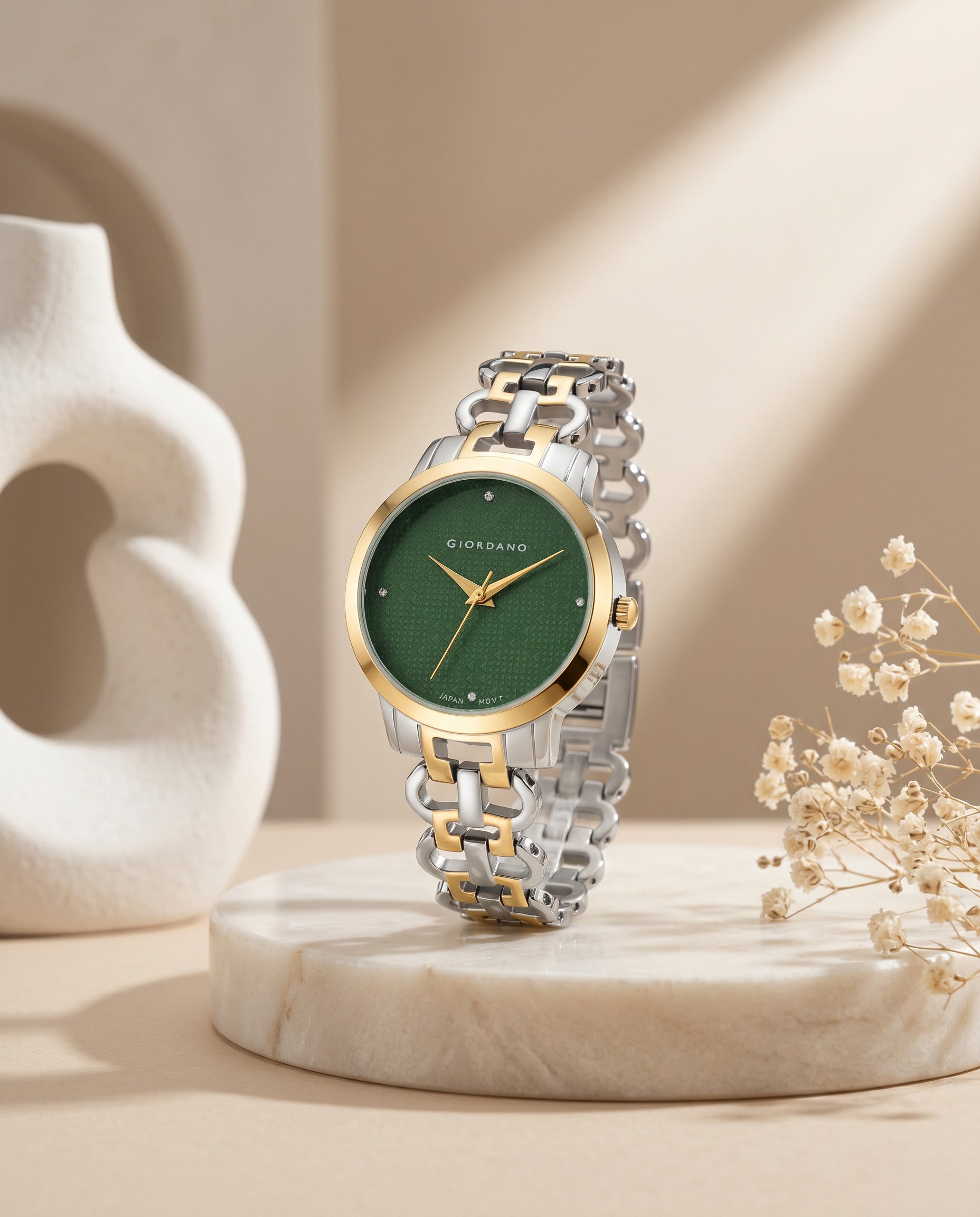 Giordano Analog Quartz Watch for Women with Green Textured Round Dial, Crystal Hour Markers & Gold and Silver Two-Tone Stainless Steel Bracelet Strap - C2204-66