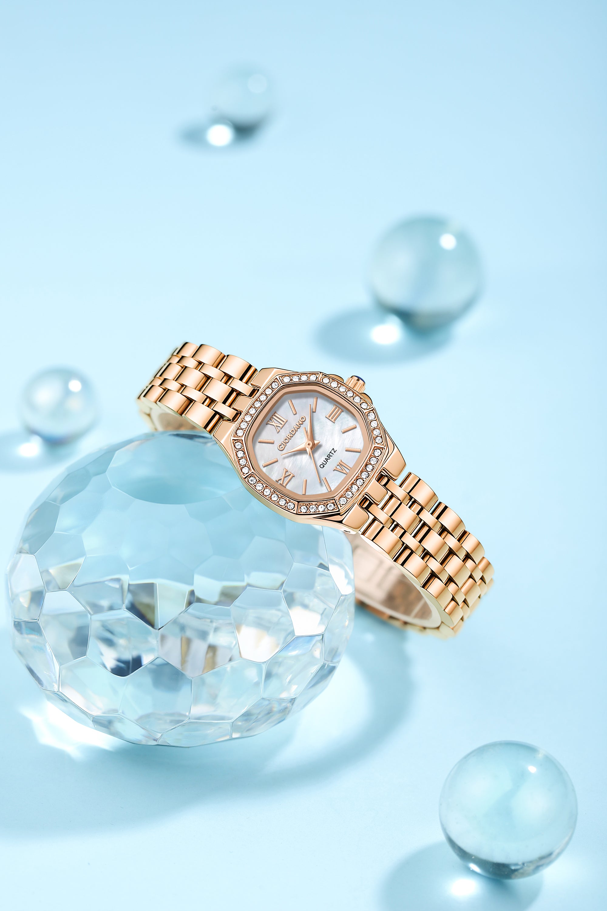 Giordano Analog Watch for Women with White Dial, Crystal Studded Bezel, Roman Indices & Stainless Steel Strap GZ-60162-77