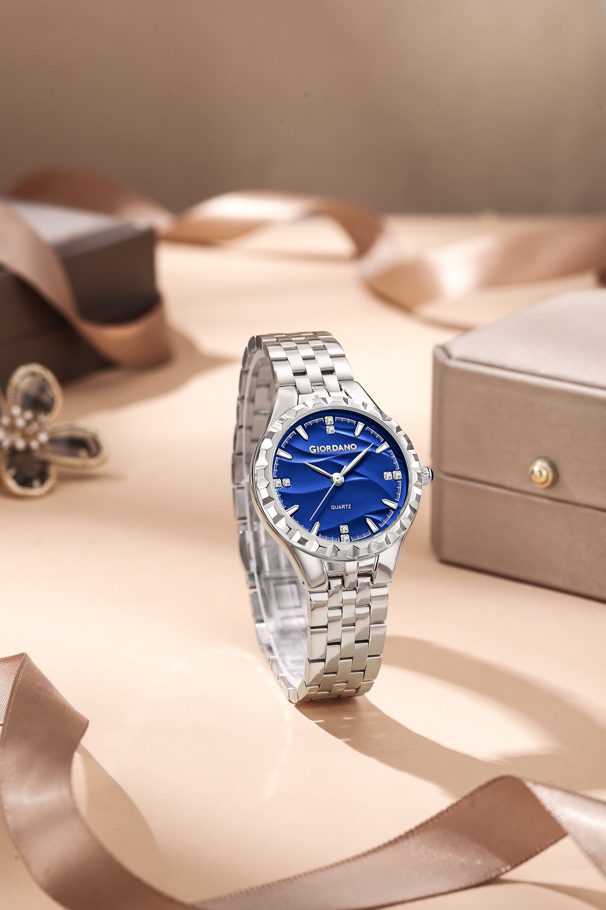 Giordano Analog Quartz Watch for Women with Textured Round Blue Dial, Luminous Hands and Markers, Silver Stainless Steel Strap - GZ-60164-22