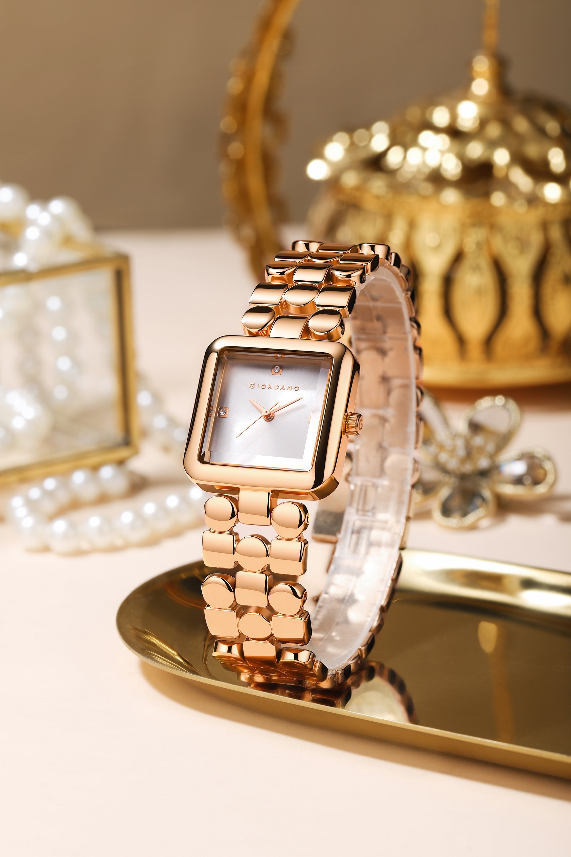 Giordano Square Analog Watch for Women with Gloss Glass Dial, Crystal Markers, Quartz Movement & Stainless Steel Strap - GZ-60134-11