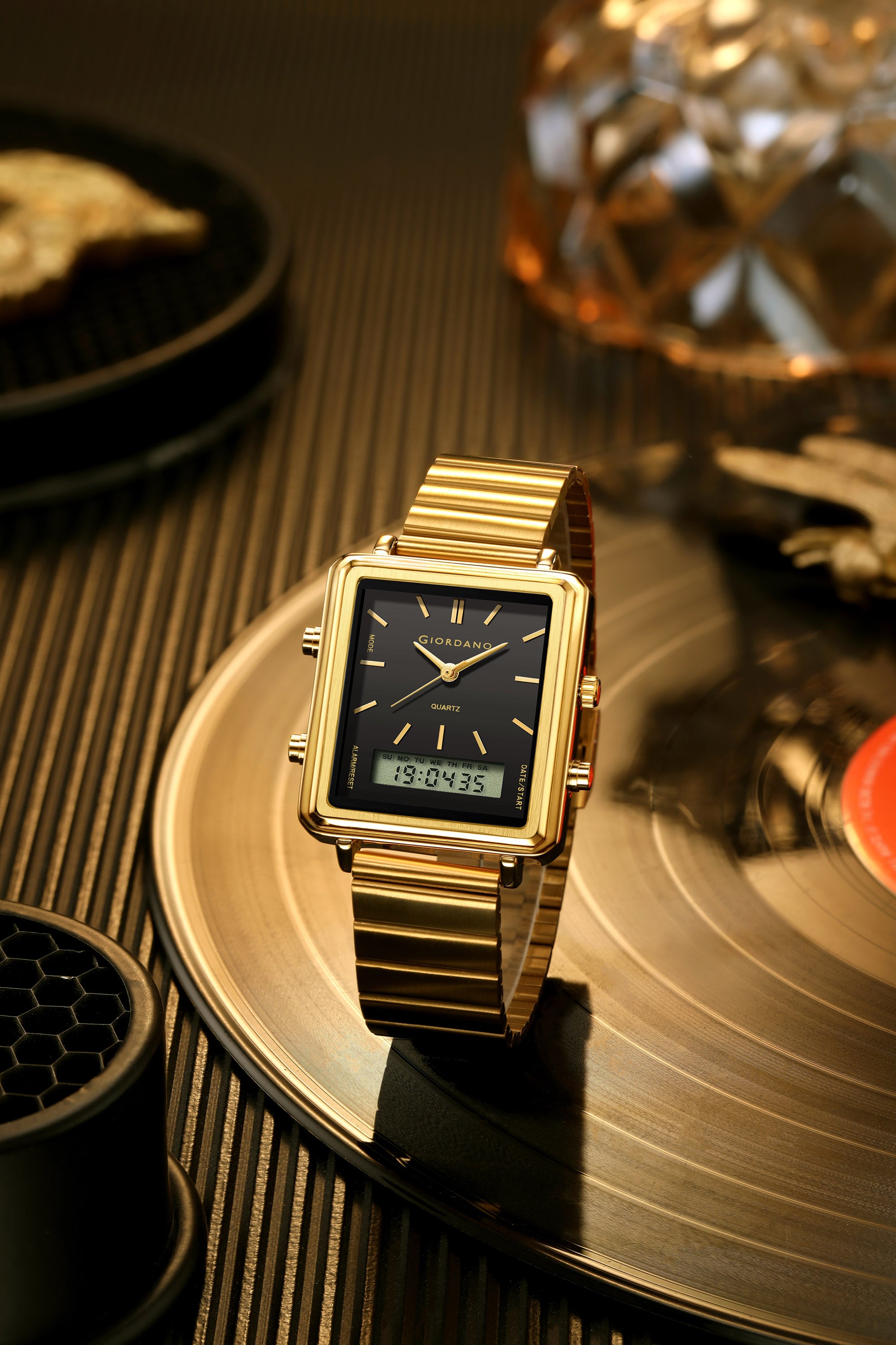 Giordano Analog Digital Watch for Men with Square Black Dial, Dual Time Display, Gold Stainless Steel Strap - GZ-50210-44