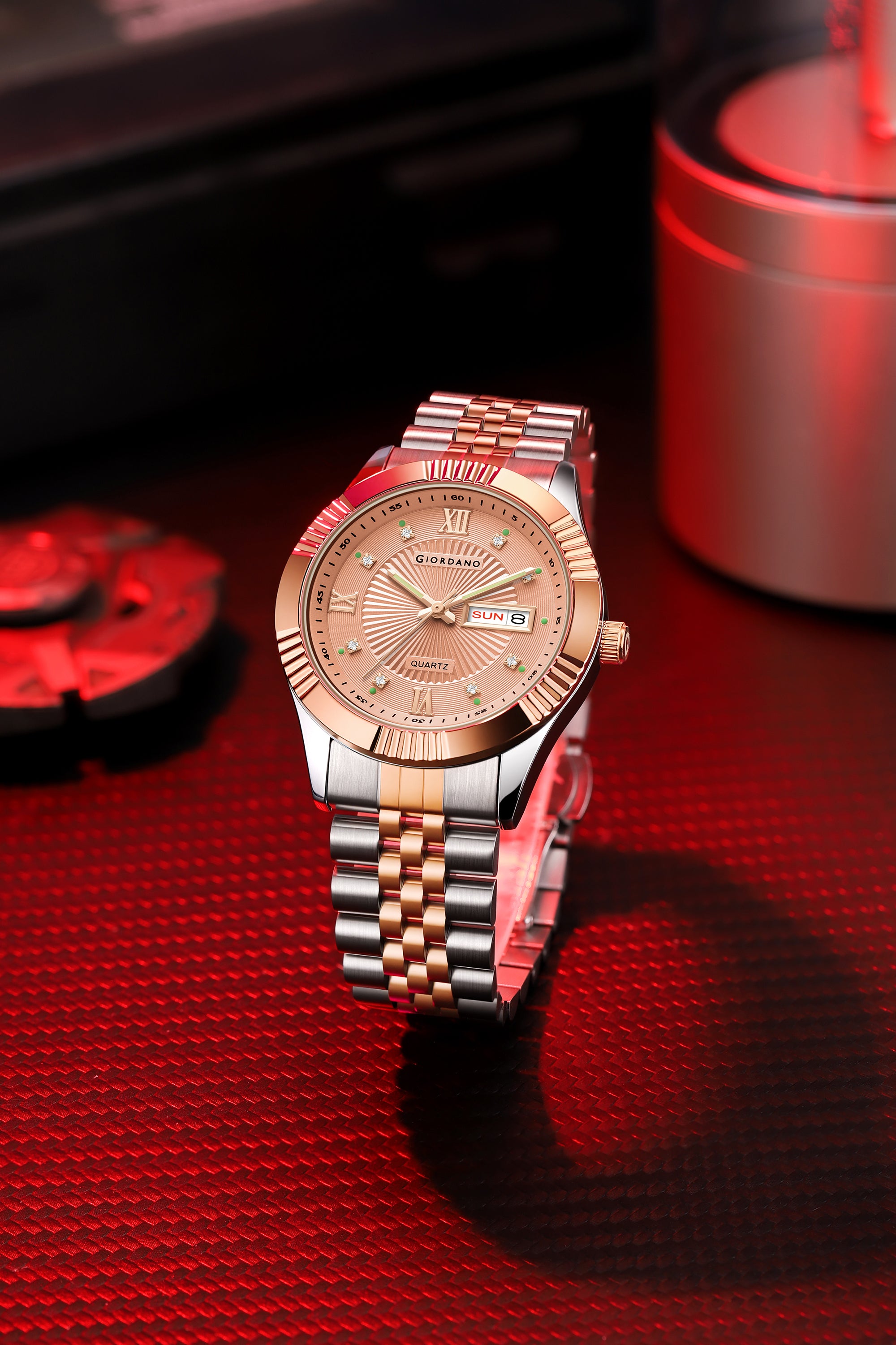 Giordano Classic Analog Quartz Watch for Men with Textured Dial, Fluted Bezel, Day & Date Display & Two-Tone Stainless Steel Strap - GZ-50215-55