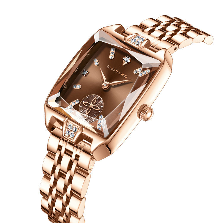 Giordano Analog Watch For Women - Rectangular Dial, Crystal Hour Markers And Rose Gold Stainless Steel Strap GZ-60102-11