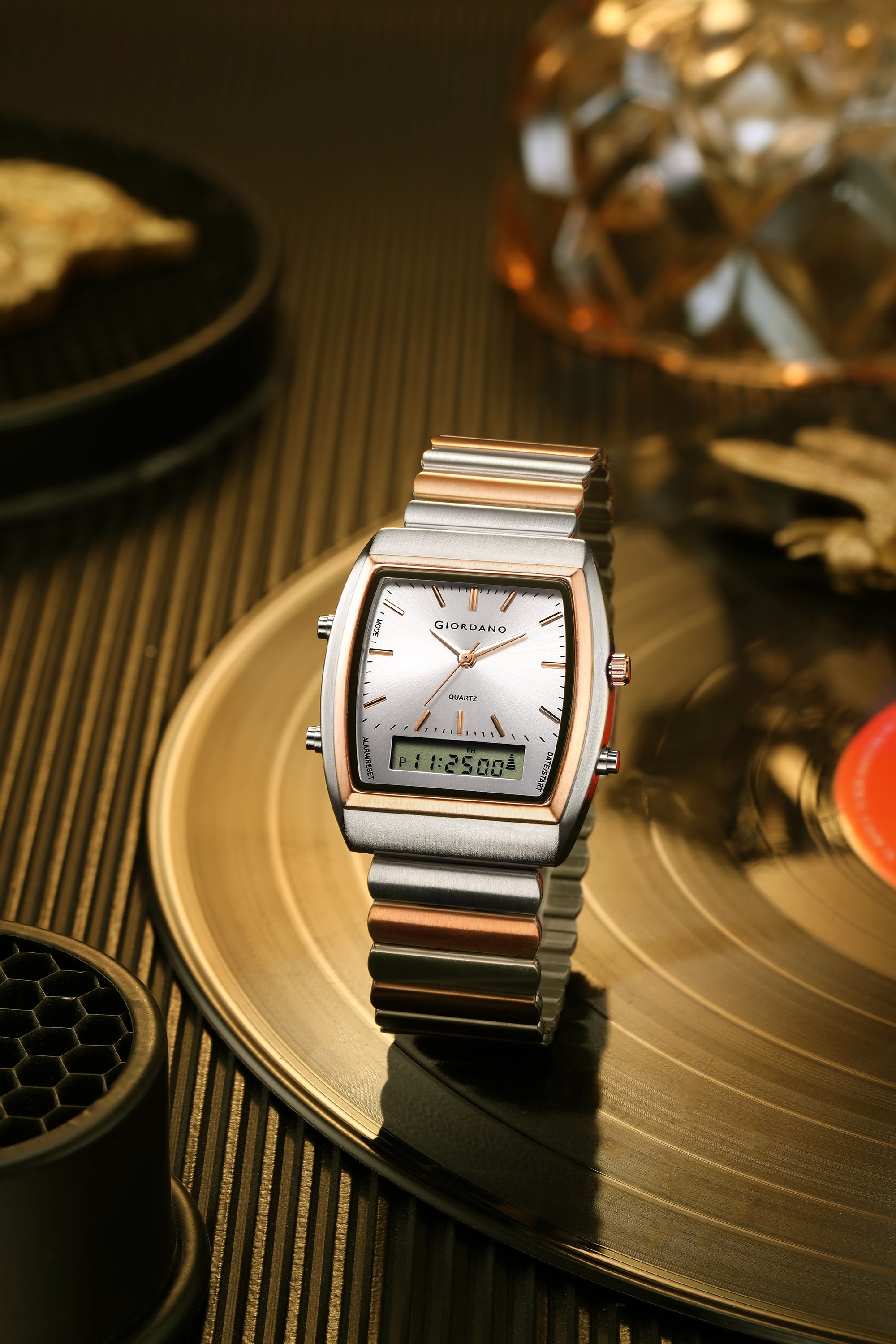Giordano Analog Digital Watch for Men with Square White Dial, Day Function, Silver and Rose Gold Stainless Steel Strap - GZ-50207-44