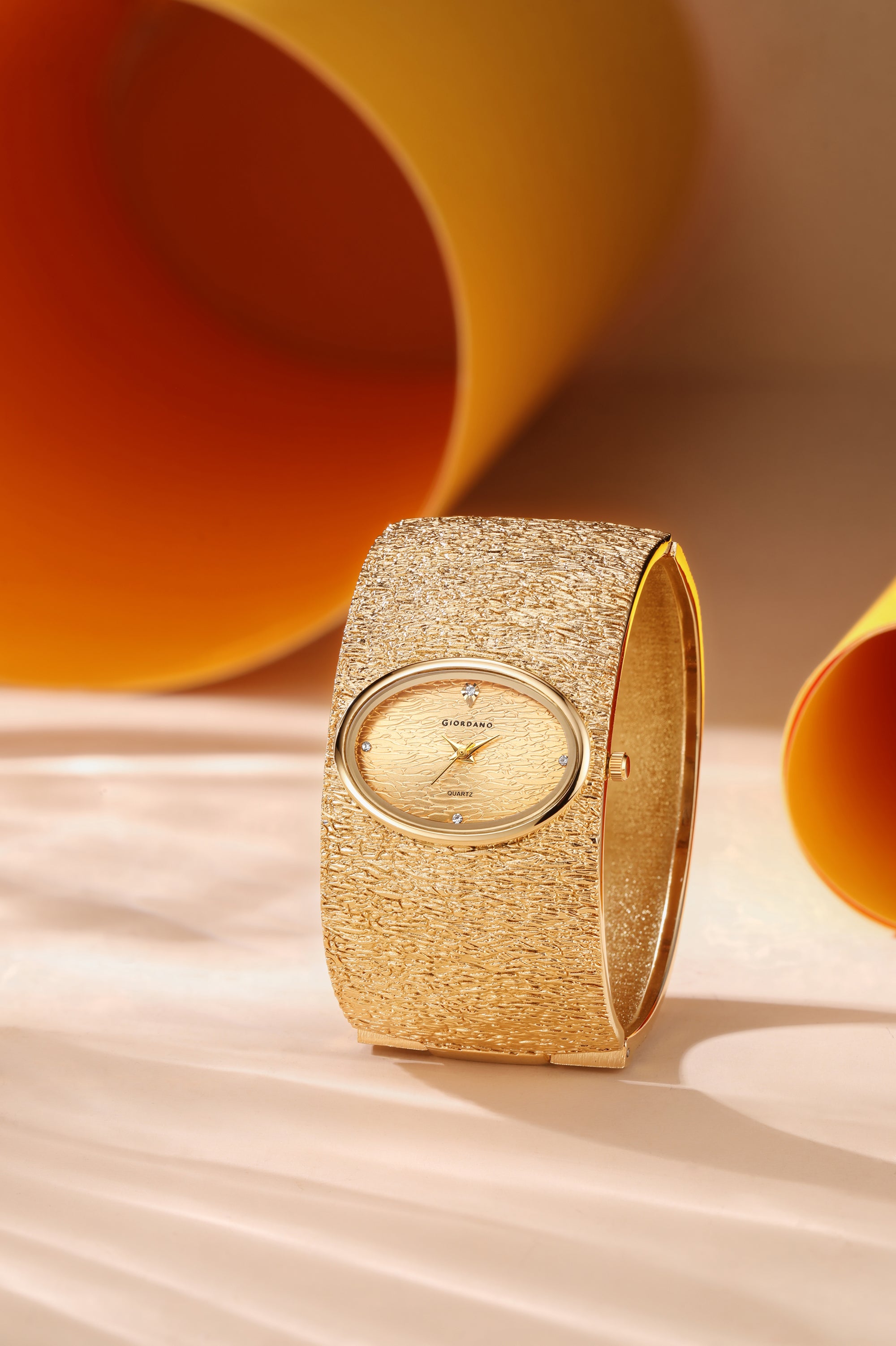 Giordano Analog Quartz Watch for Women with Oval Gold Textured Dial, Crystal Hour Markers, Stainless Steel Bangle Strap - GZ-60171-22